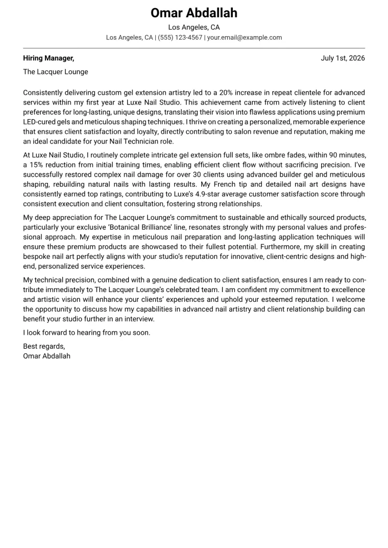Nail Technician cover letter example preview