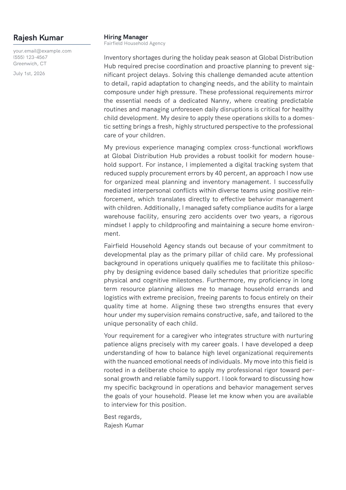 Nanny cover letter in the Margin design
