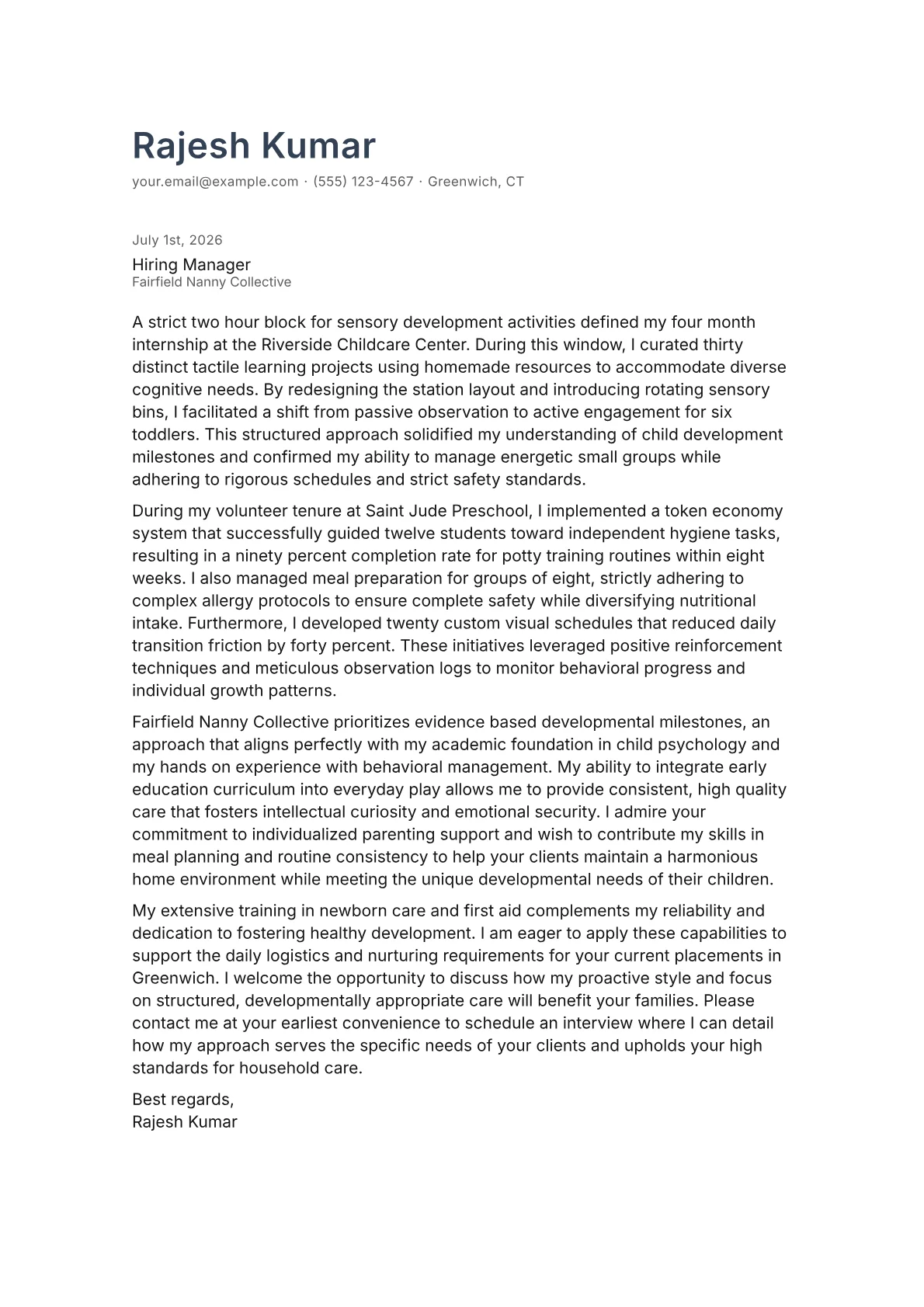 Nanny cover letter in the Minimal design
