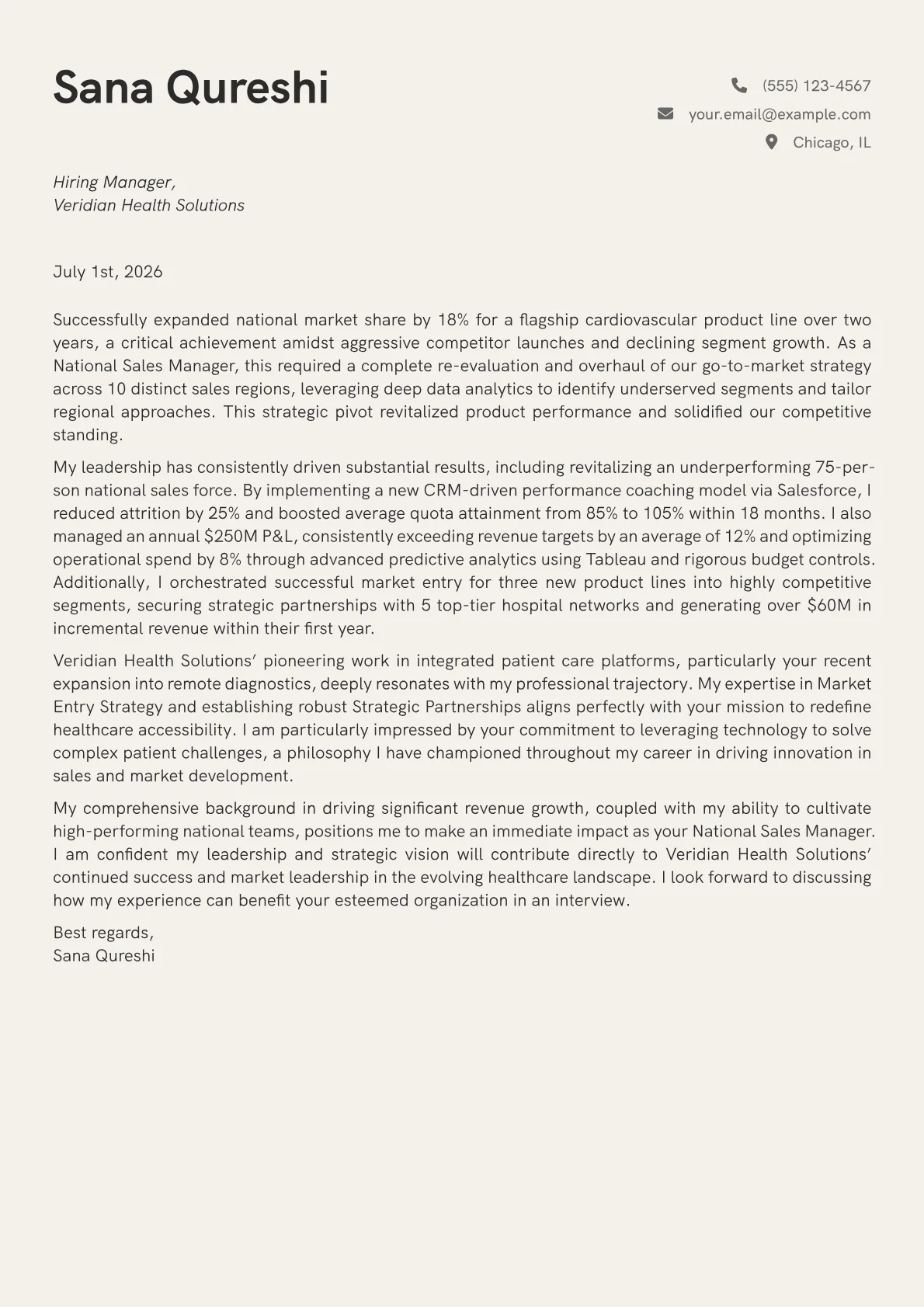 National Sales Manager cover letter formatted with a JobSprout template