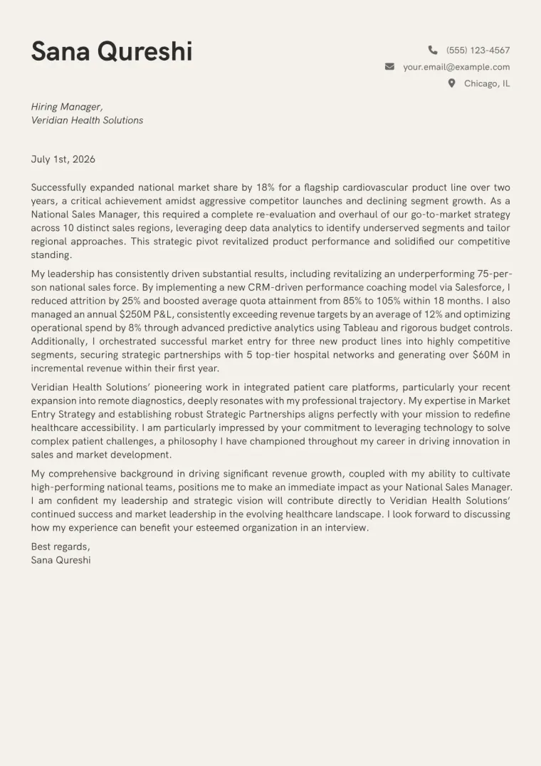 National Sales Manager Cover Letter Example