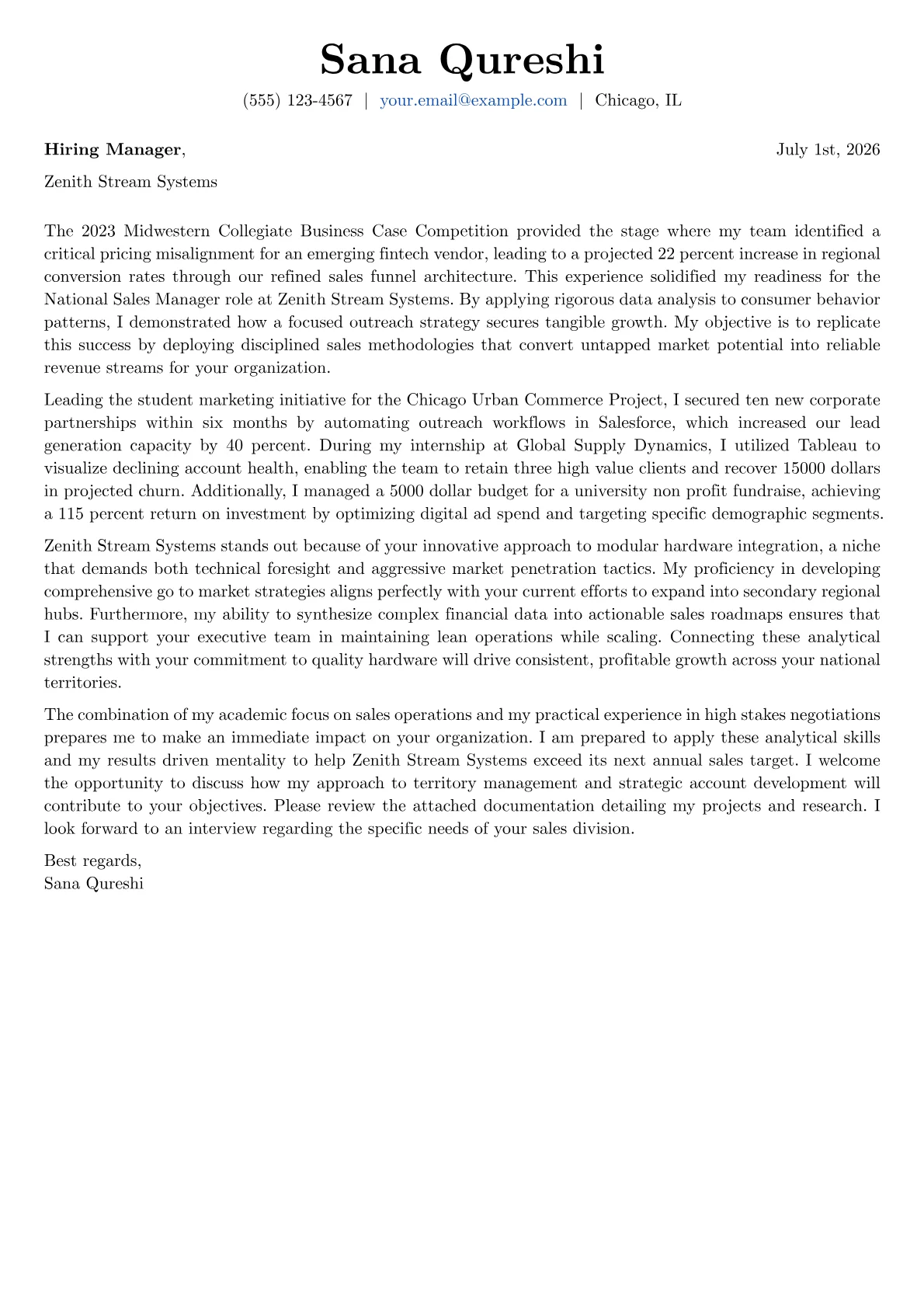 National Sales Manager cover letter in the Basic design