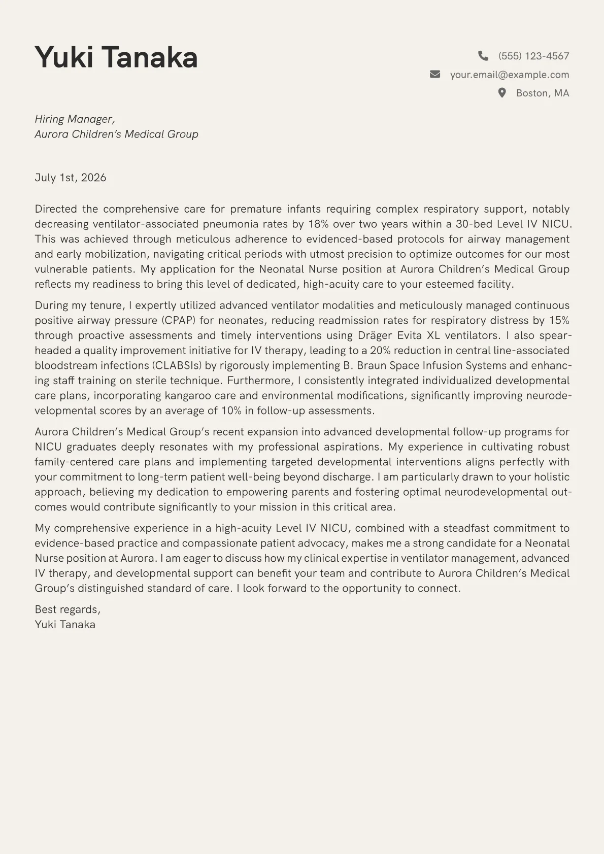 Neonatal Nurse cover letter formatted with a JobSprout template