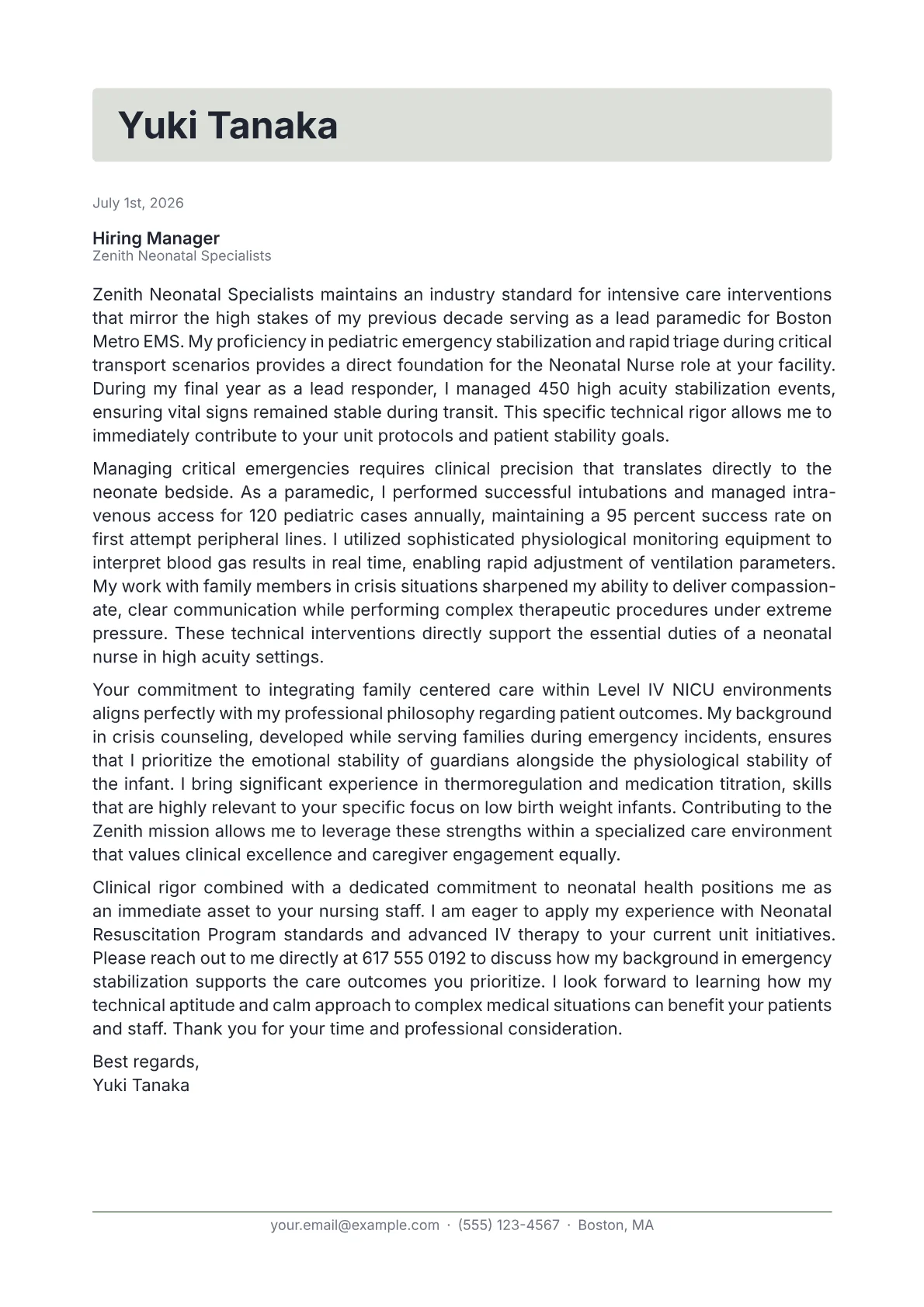 Neonatal Nurse cover letter in the Letterhead design