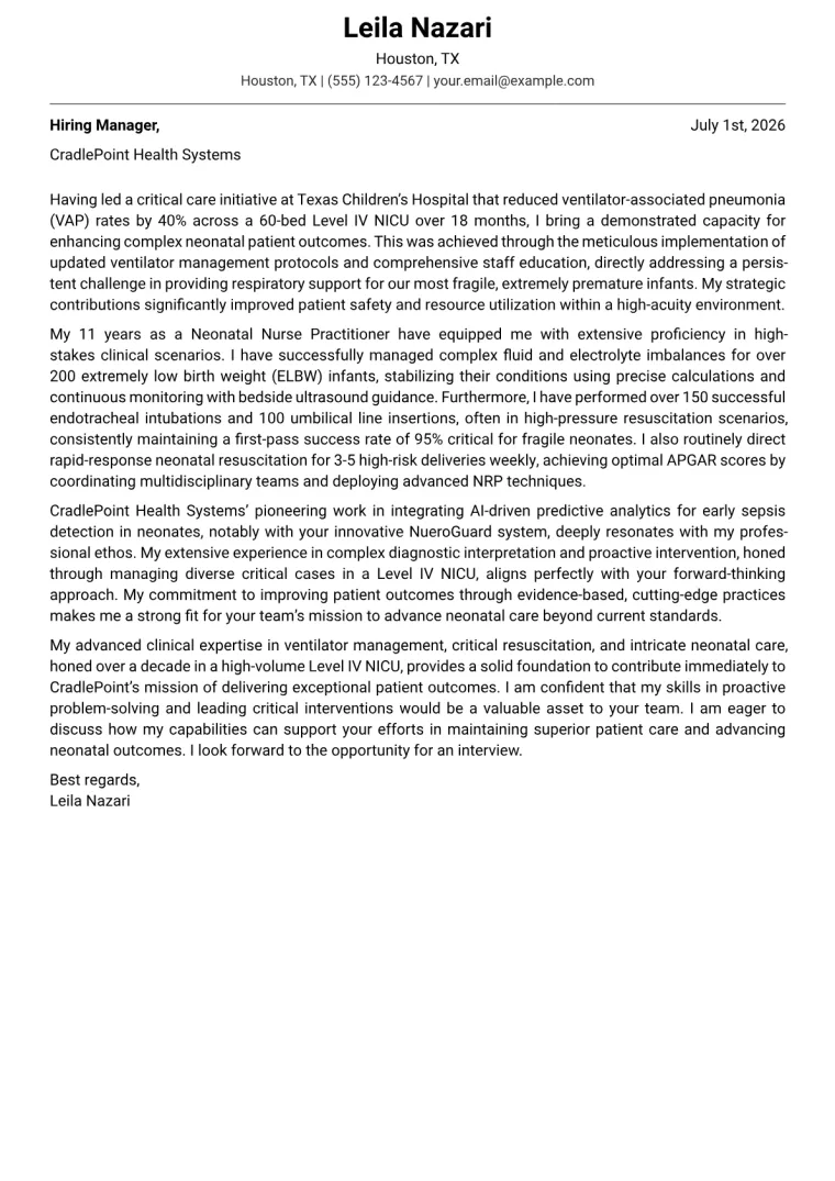 Neonatal Nurse Practitioner Cover Letter Example