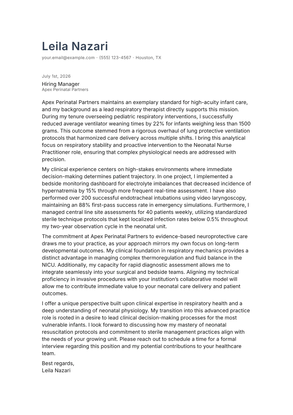 Neonatal Nurse Practitioner cover letter in the Minimal design