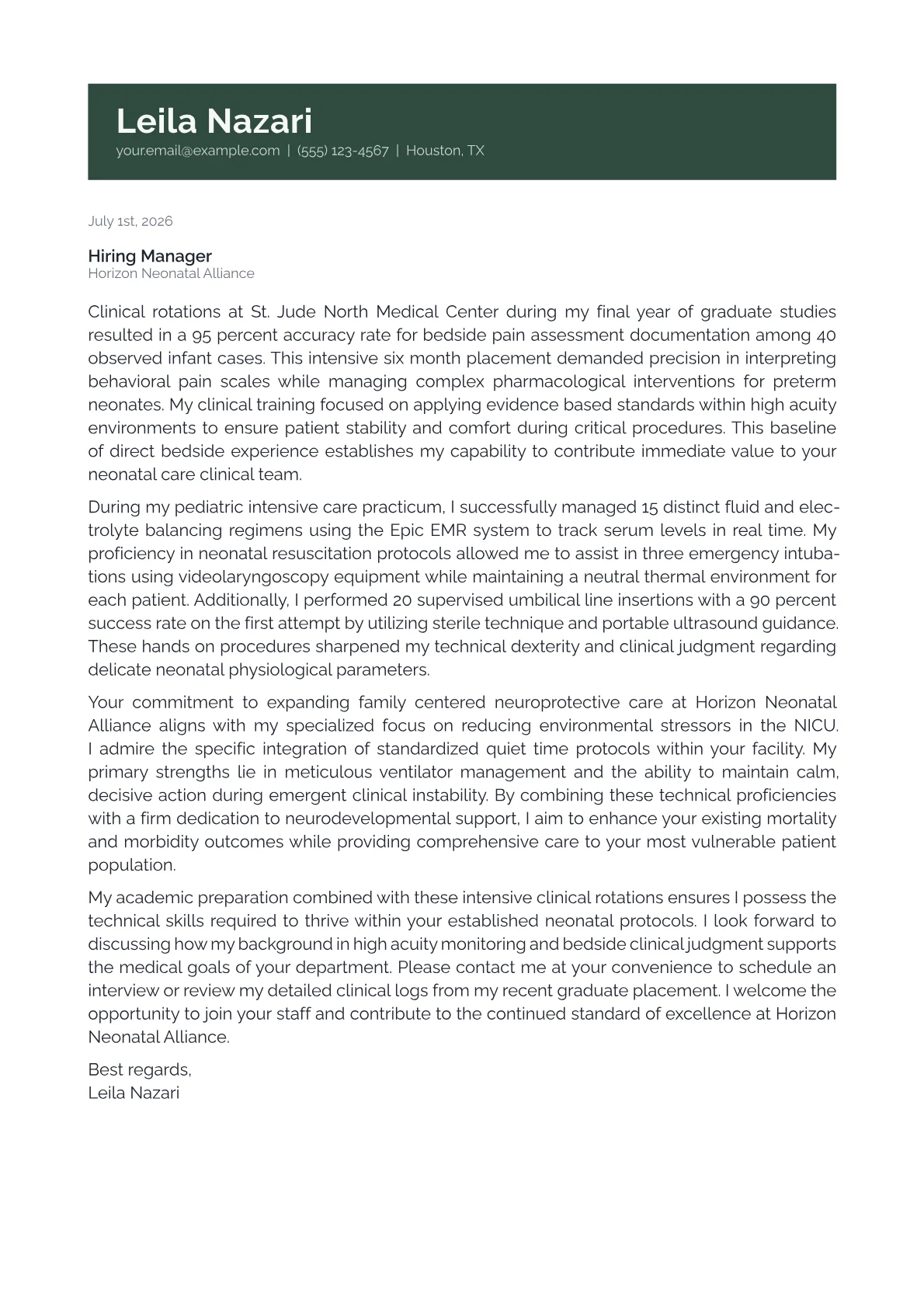 Neonatal Nurse Practitioner cover letter in the Banner design