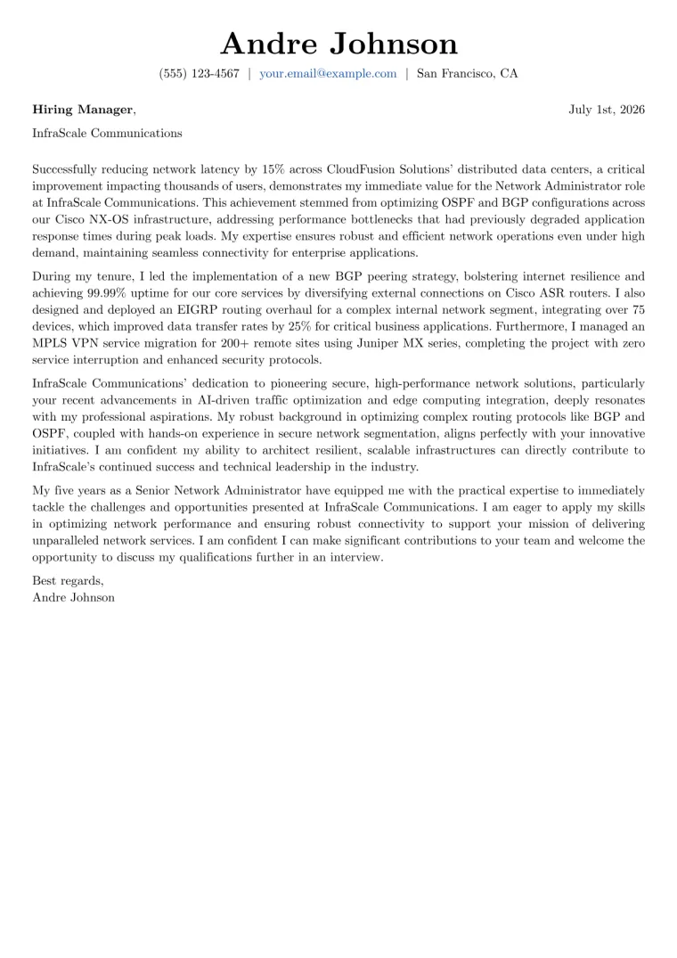 Network Administrator Cover Letter Example