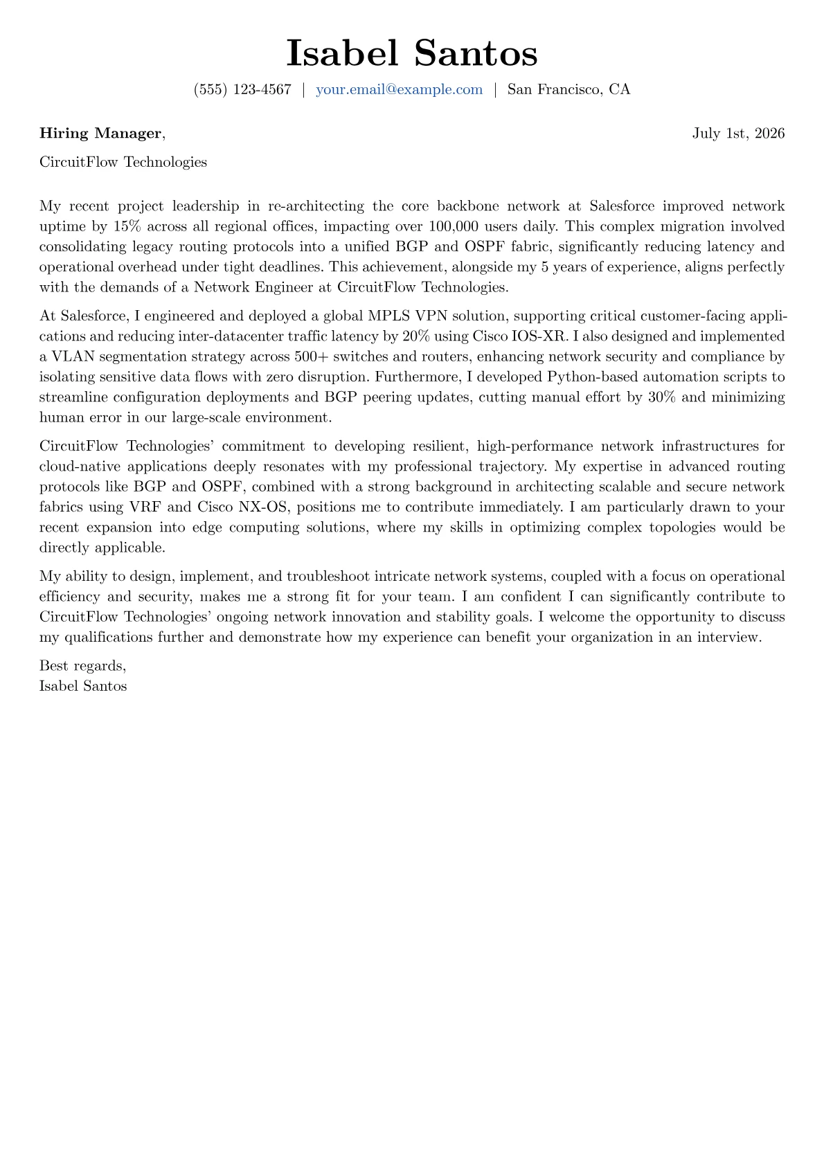 Network Engineer cover letter formatted with a JobSprout template