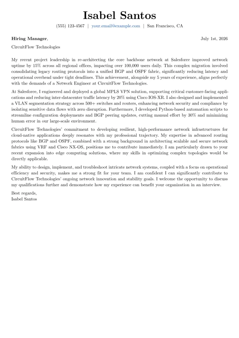 Network Engineer Cover Letter Example