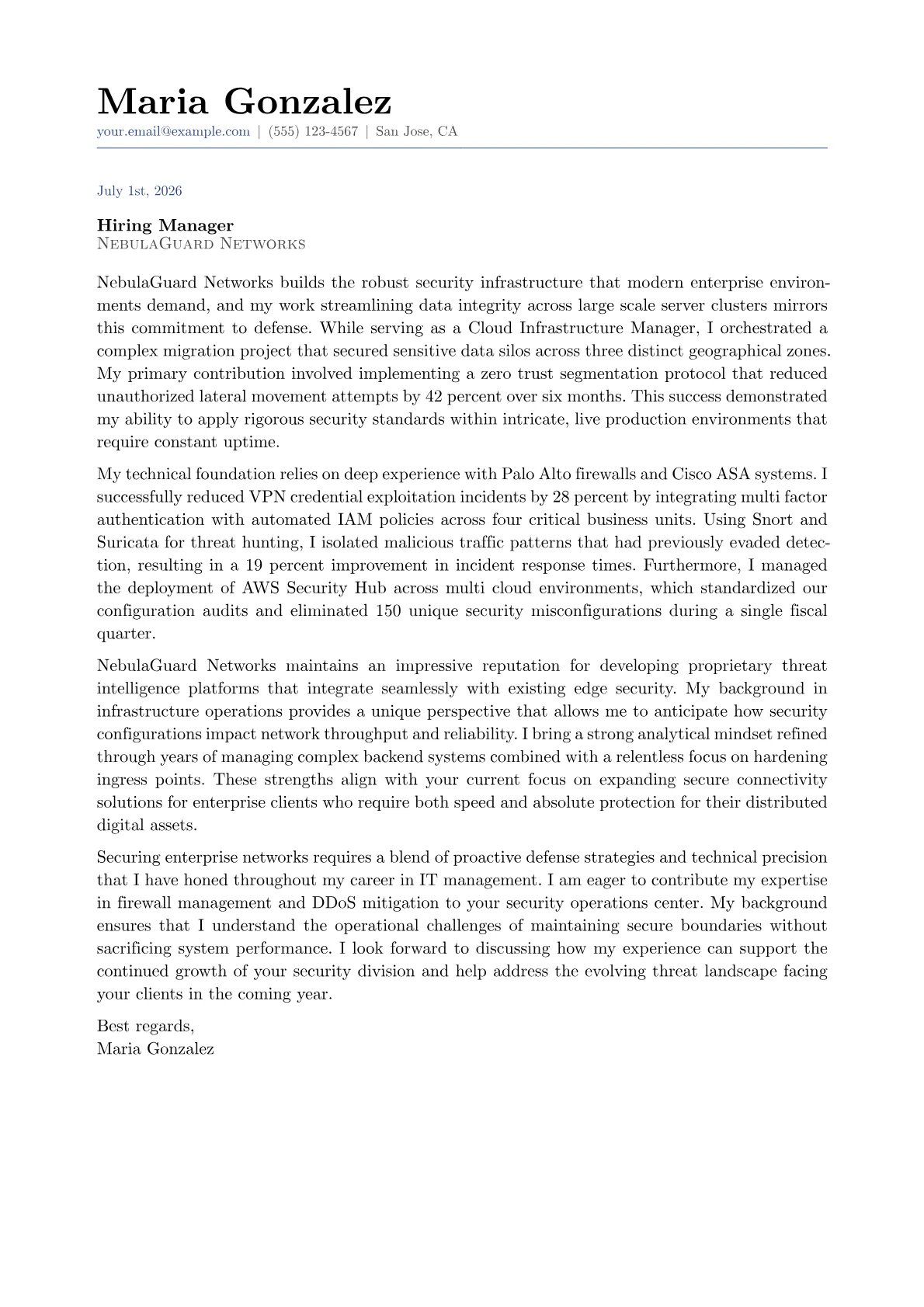 Network Security Engineer cover letter in the Classic design
