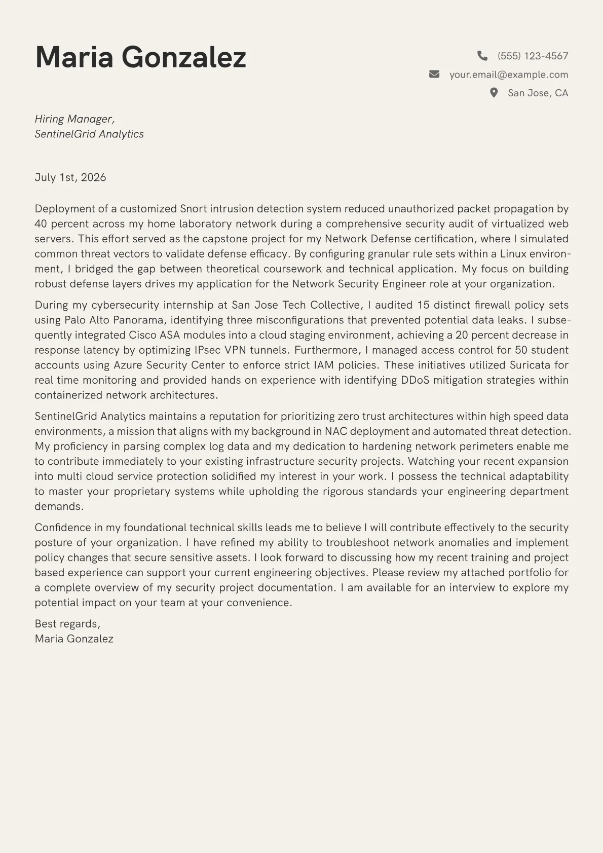 Network Security Engineer cover letter in the Creative design