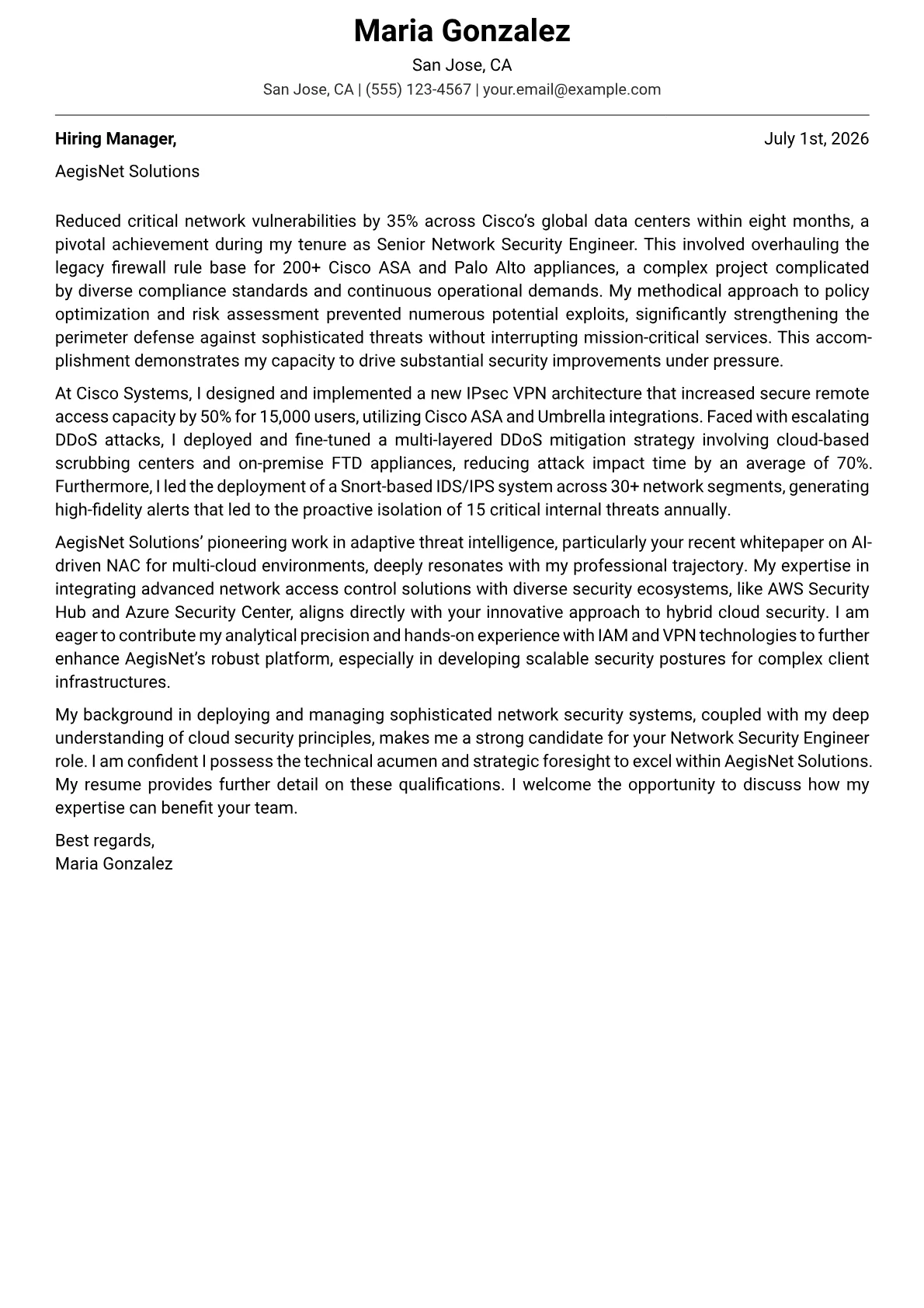 Network Security Engineer cover letter formatted with a JobSprout template