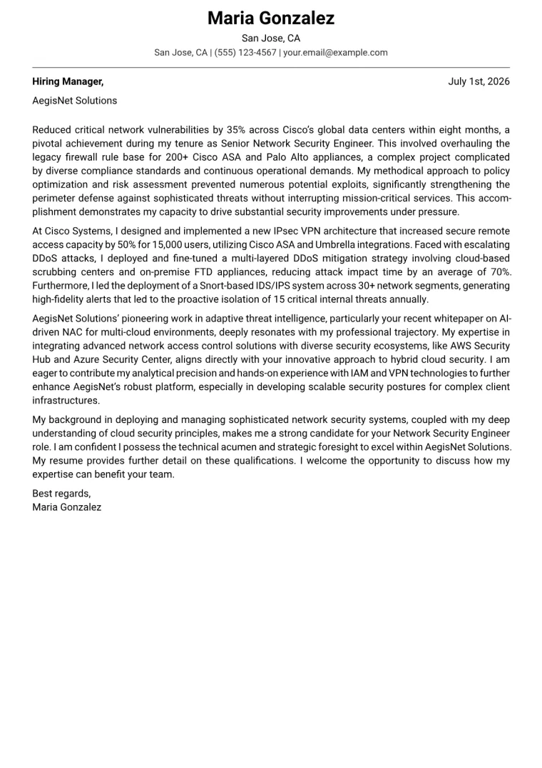 Network Security Engineer cover letter example preview