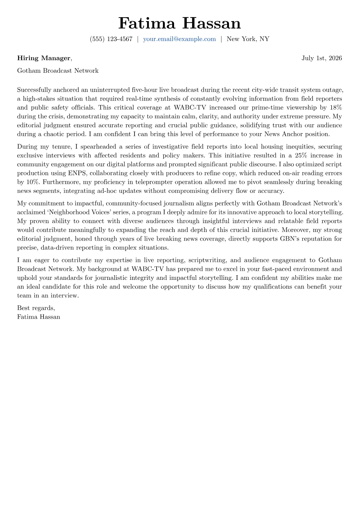 News Anchor cover letter formatted with a JobSprout template