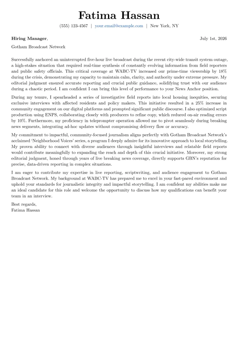 News Anchor Cover Letter Example