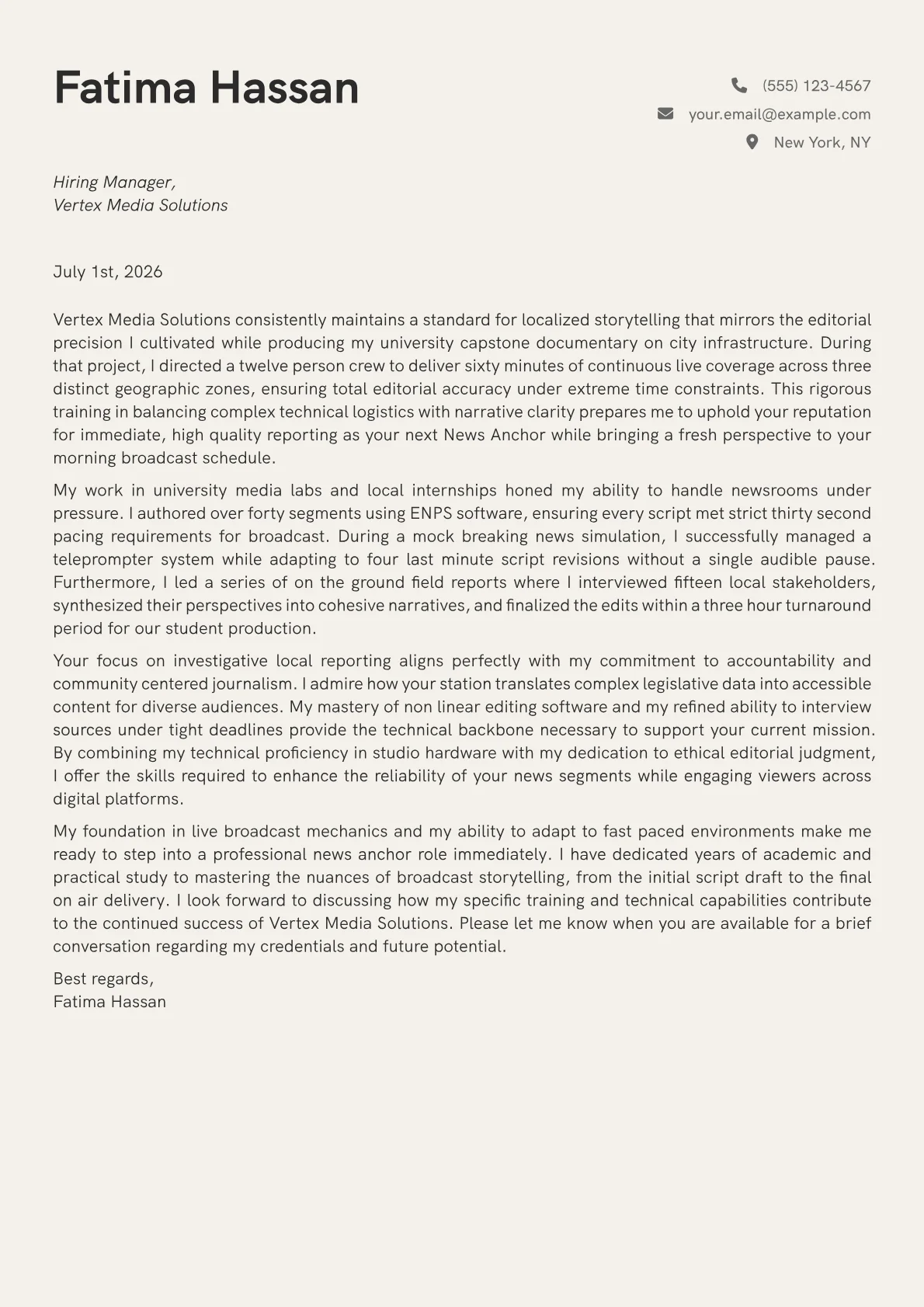 News Anchor cover letter in the Creative design