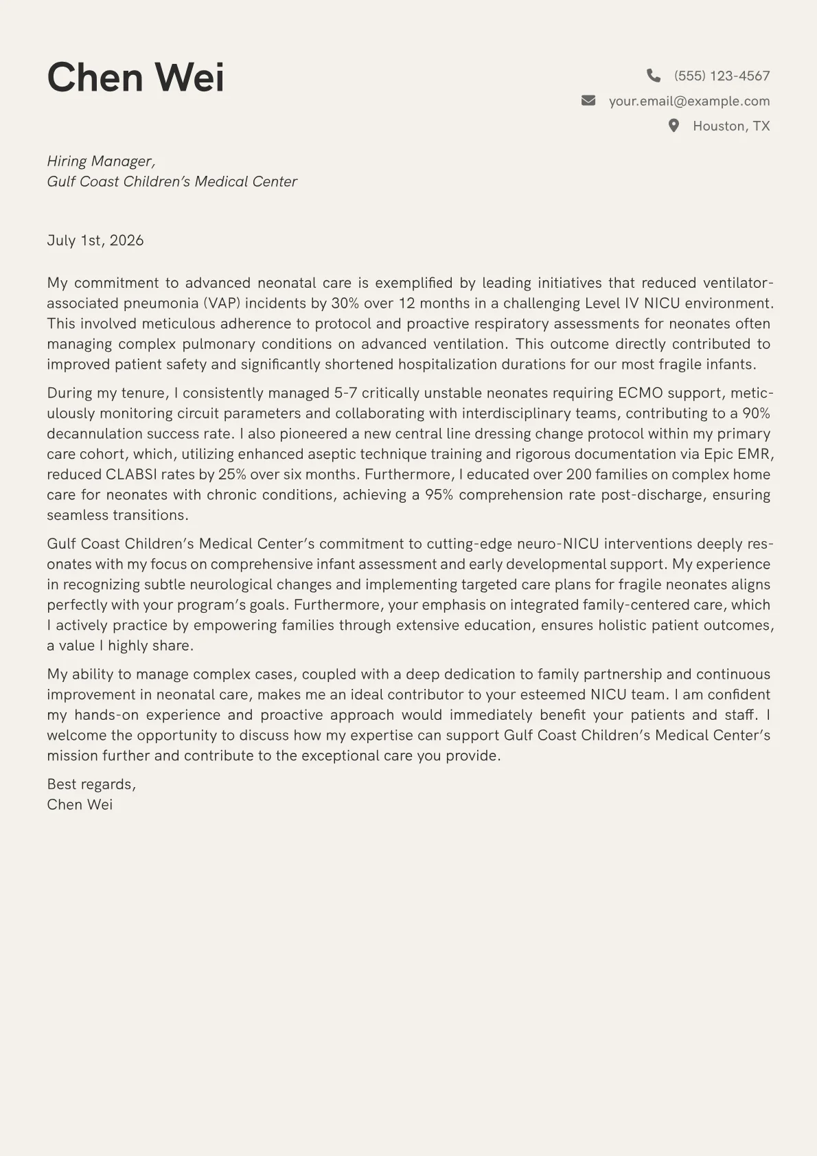 NICU Nurse cover letter formatted with a JobSprout template