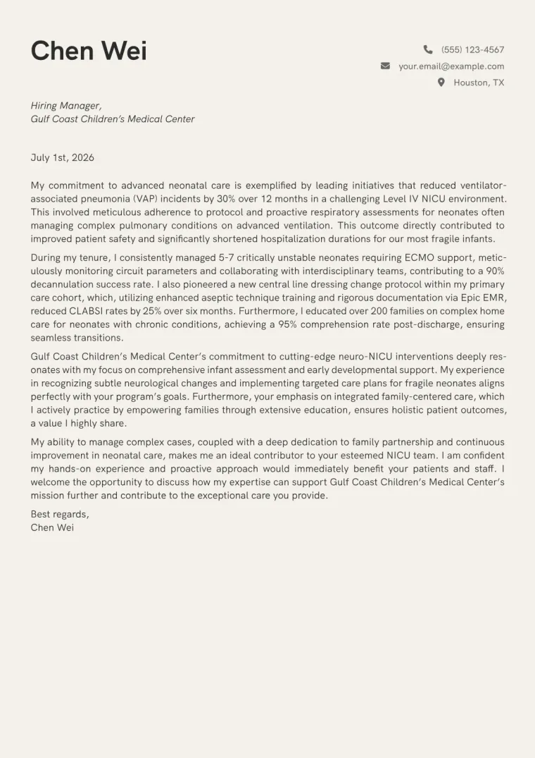 NICU Nurse Cover Letter Example