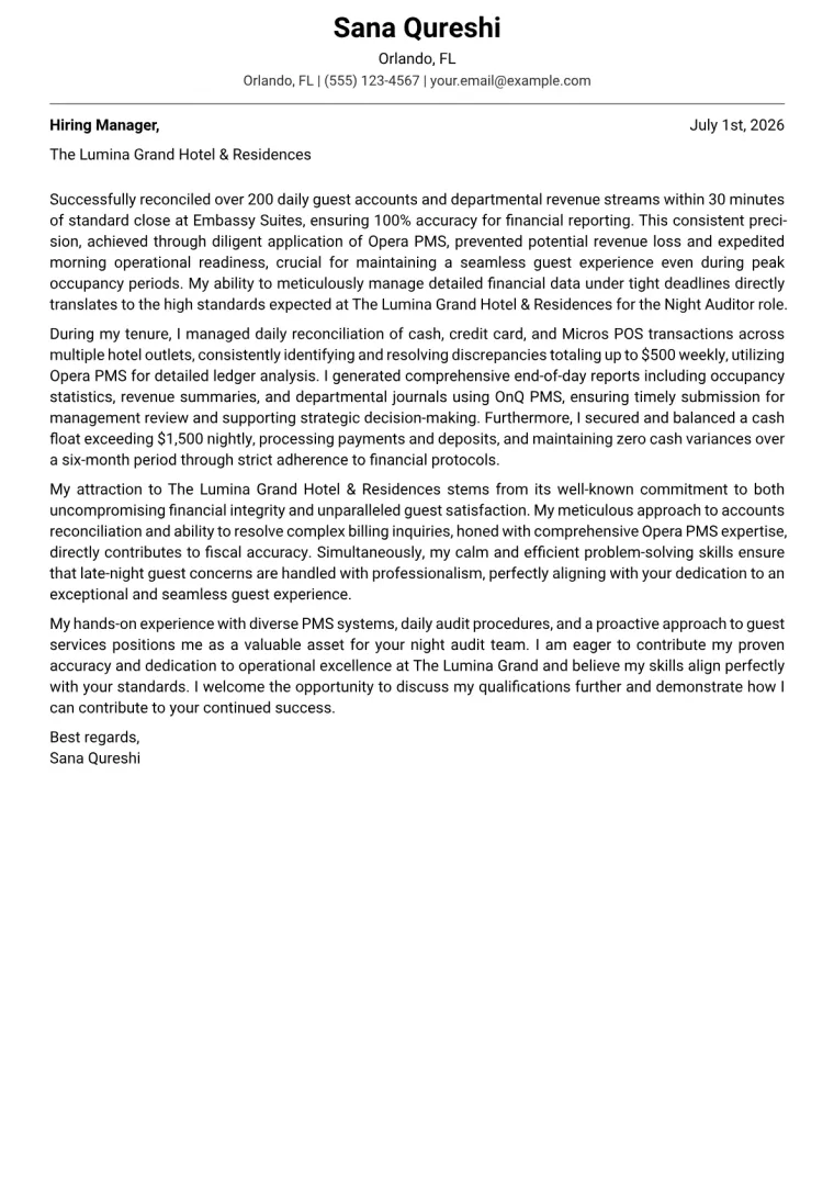 Night Auditor cover letter example preview