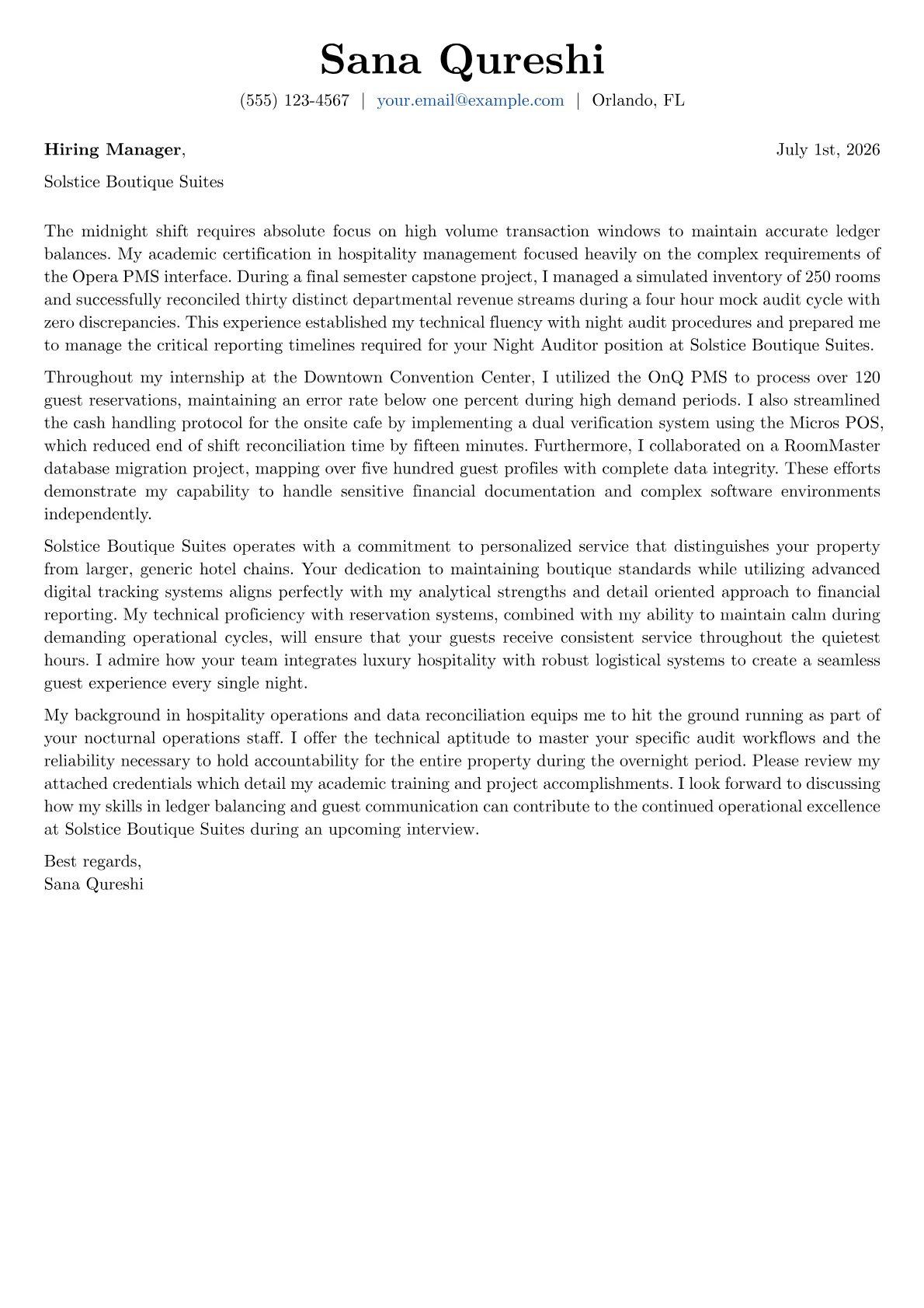 Night Auditor cover letter in the Basic design