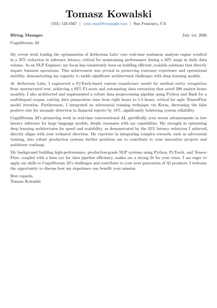 NLP Engineer Cover Letter Example