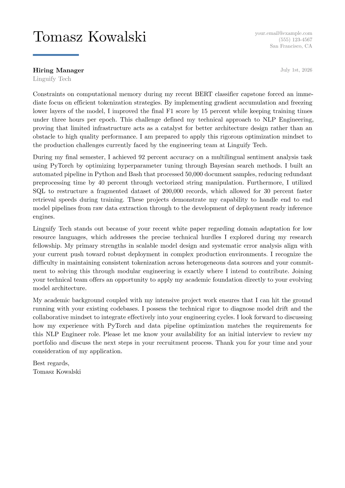 NLP Engineer cover letter in the Executive design