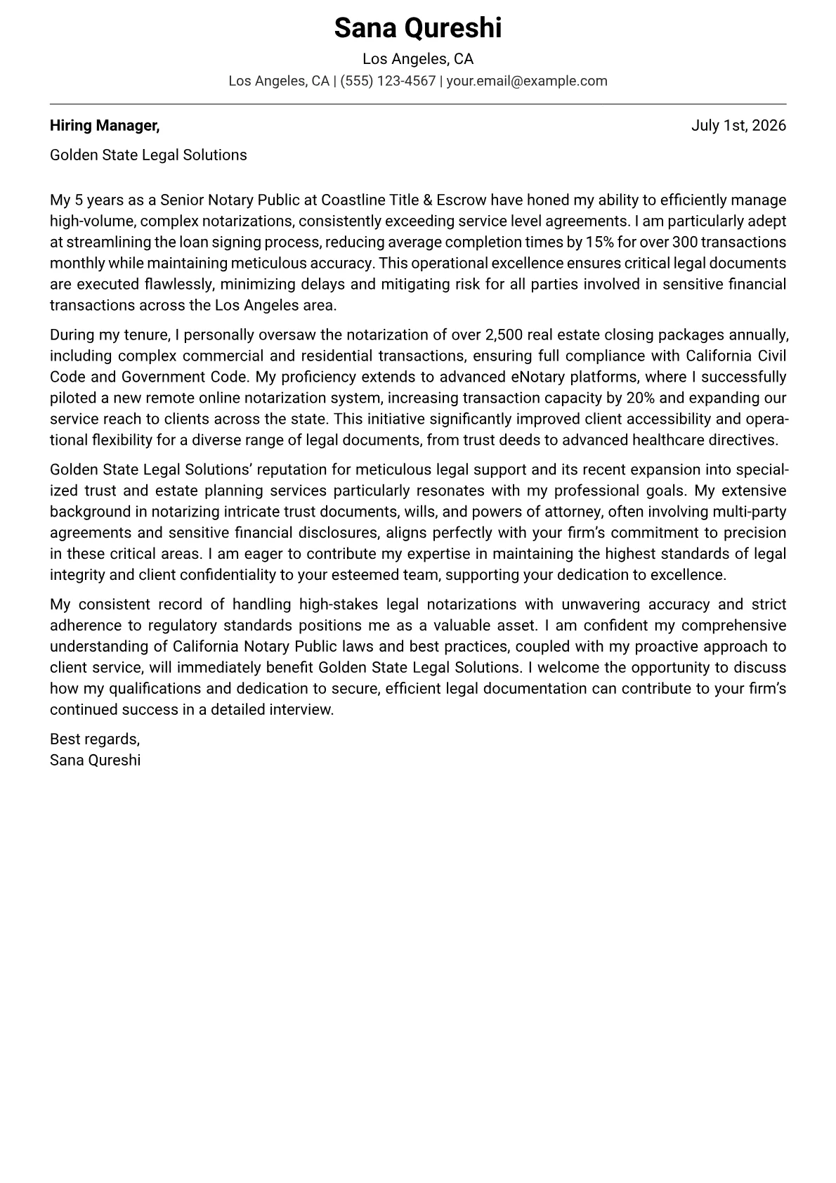 Notary cover letter formatted with a JobSprout template