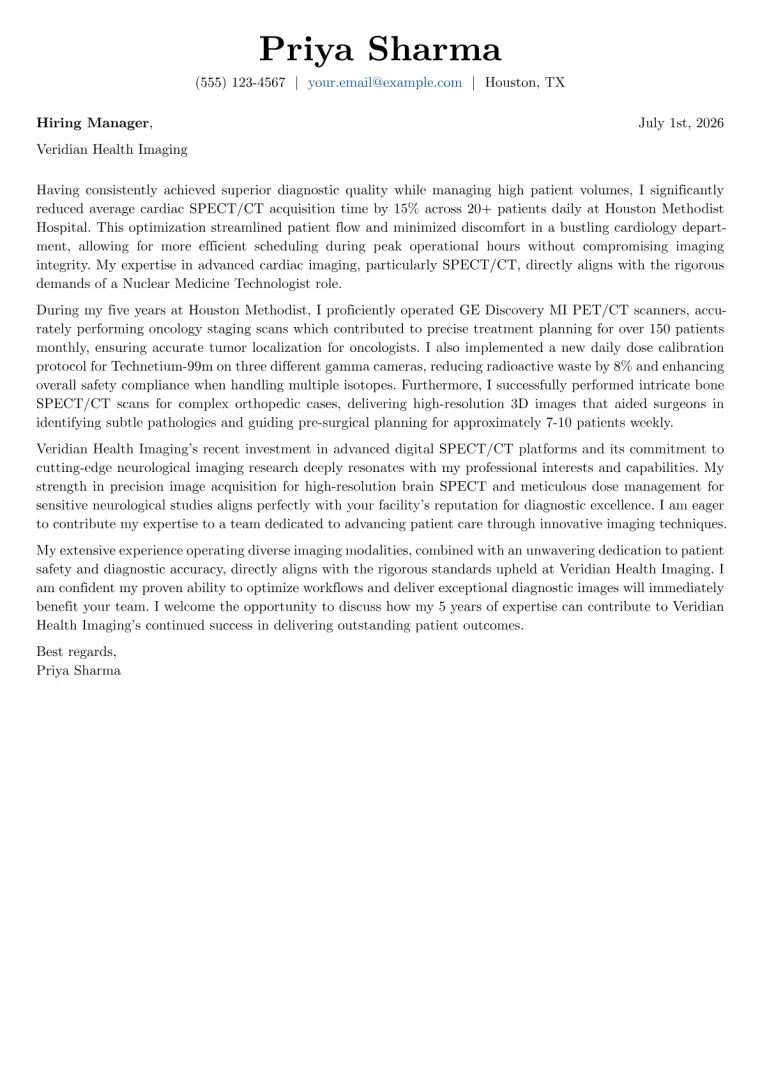 Nuclear Medicine Technologist Cover Letter Example