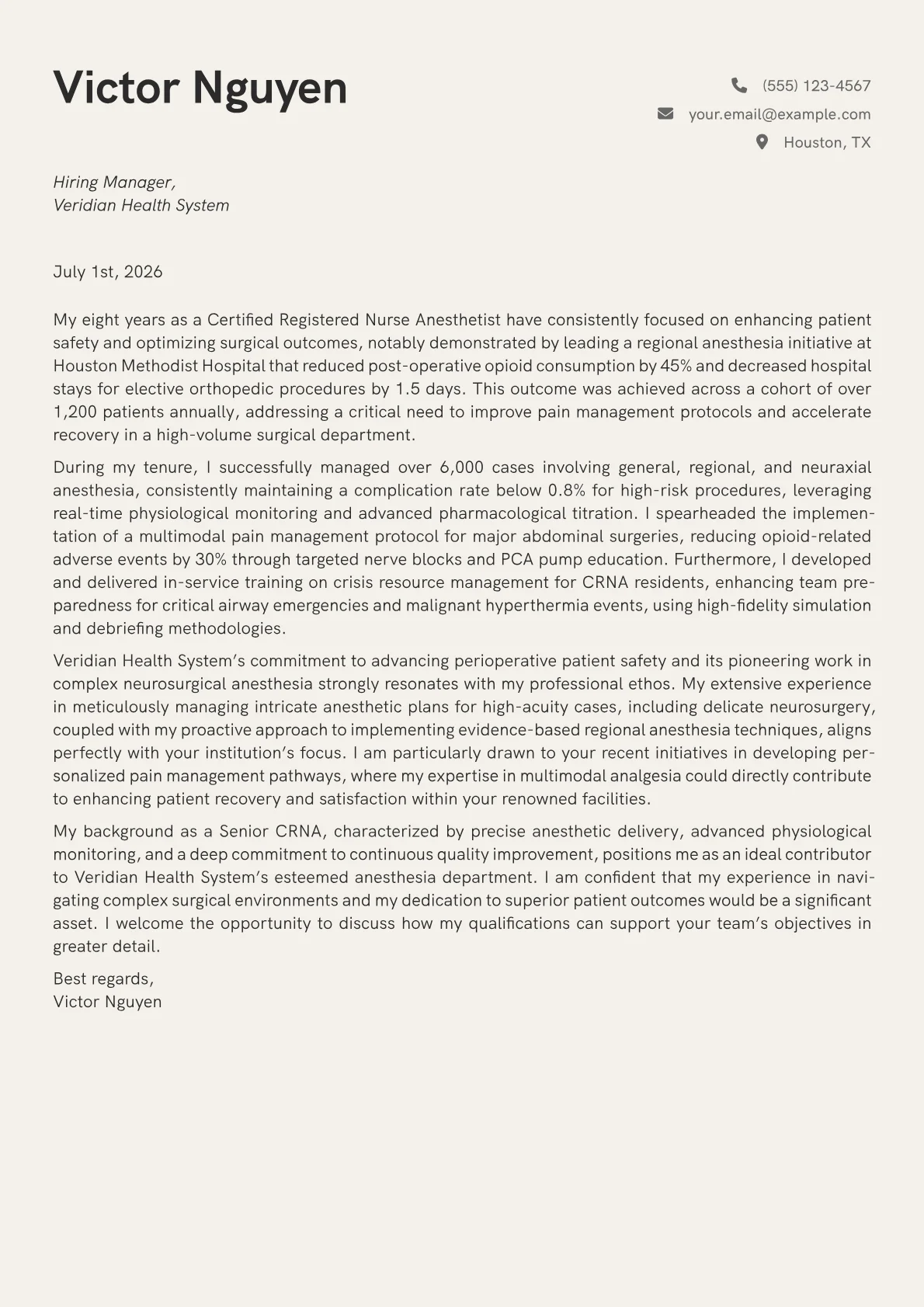 Nurse Anesthetist cover letter formatted with a JobSprout template