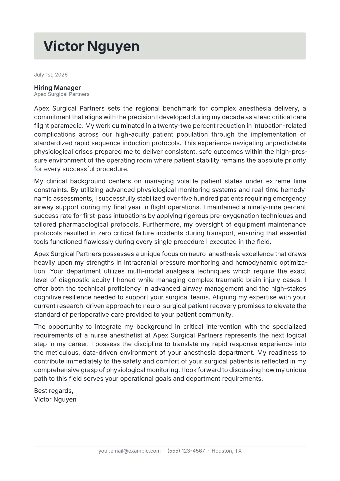 Nurse Anesthetist cover letter in the Letterhead design