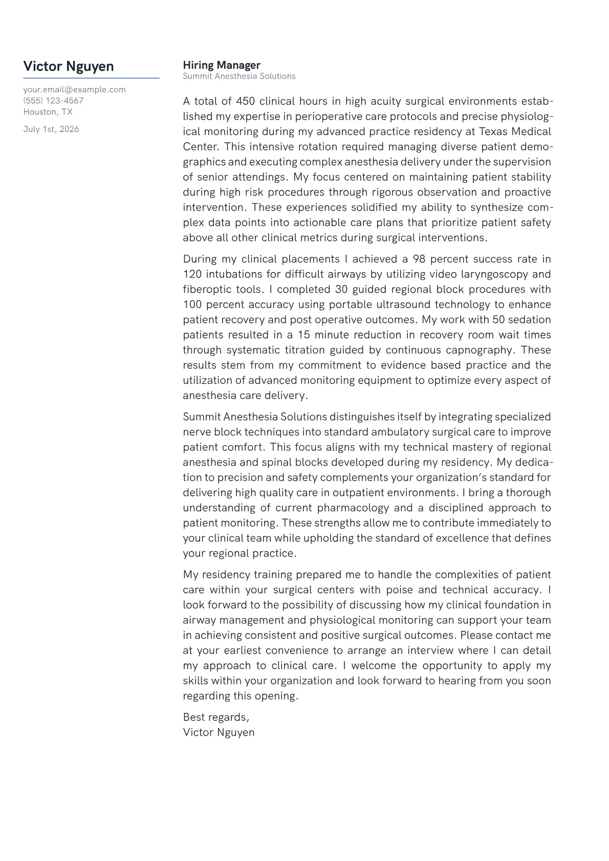Nurse Anesthetist cover letter in the Margin design