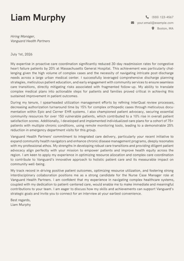 Nurse Case Manager cover letter example preview