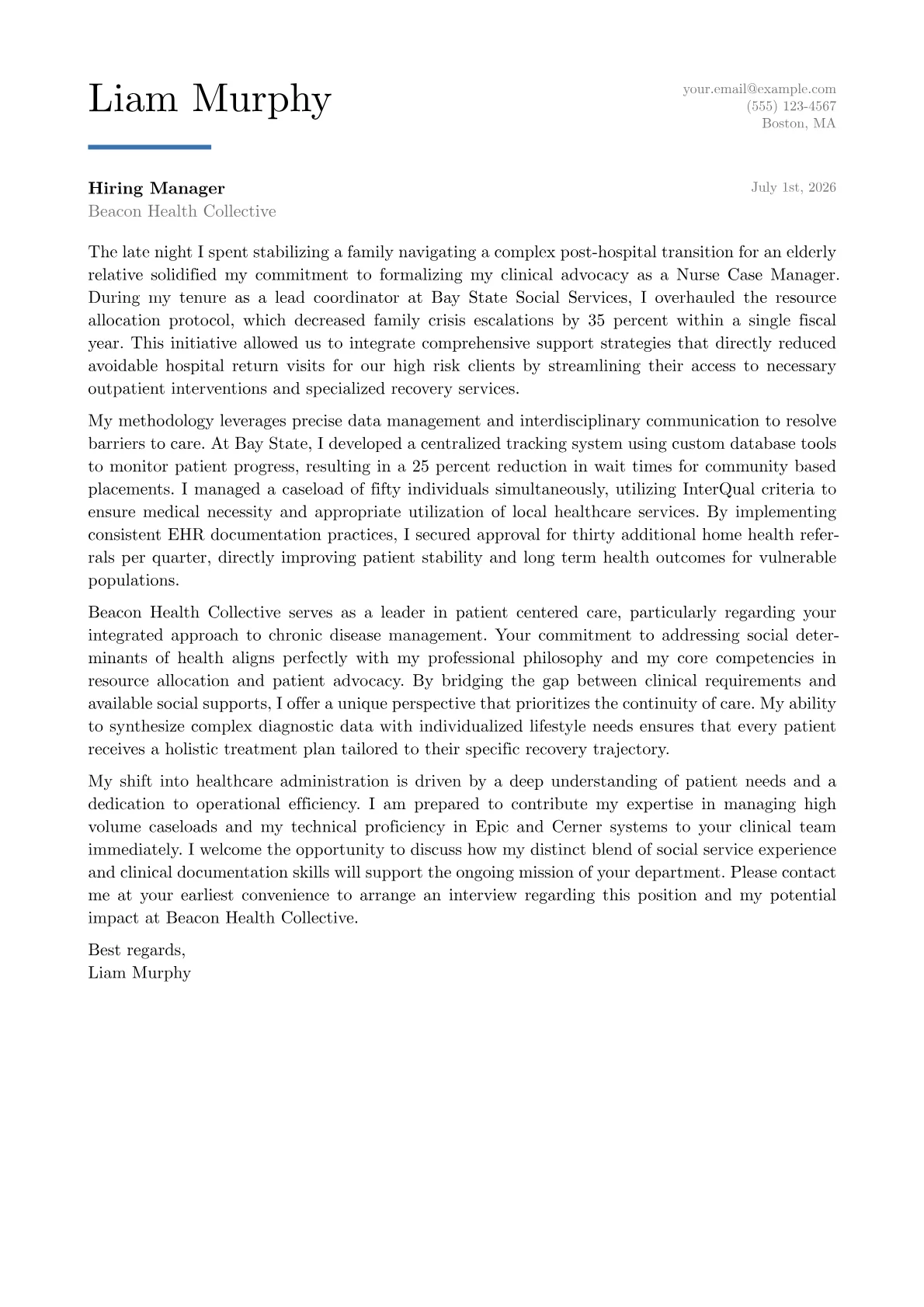 Nurse Case Manager cover letter in the Executive design