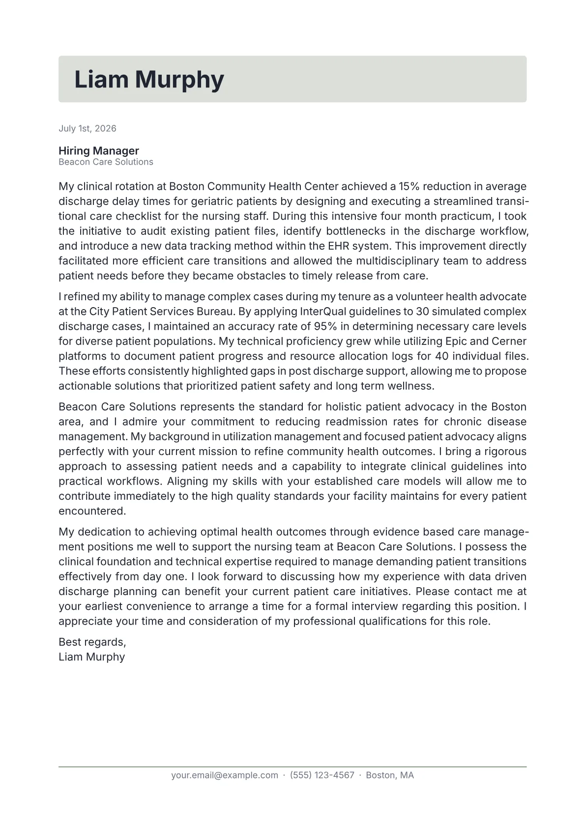 Nurse Case Manager cover letter in the Letterhead design