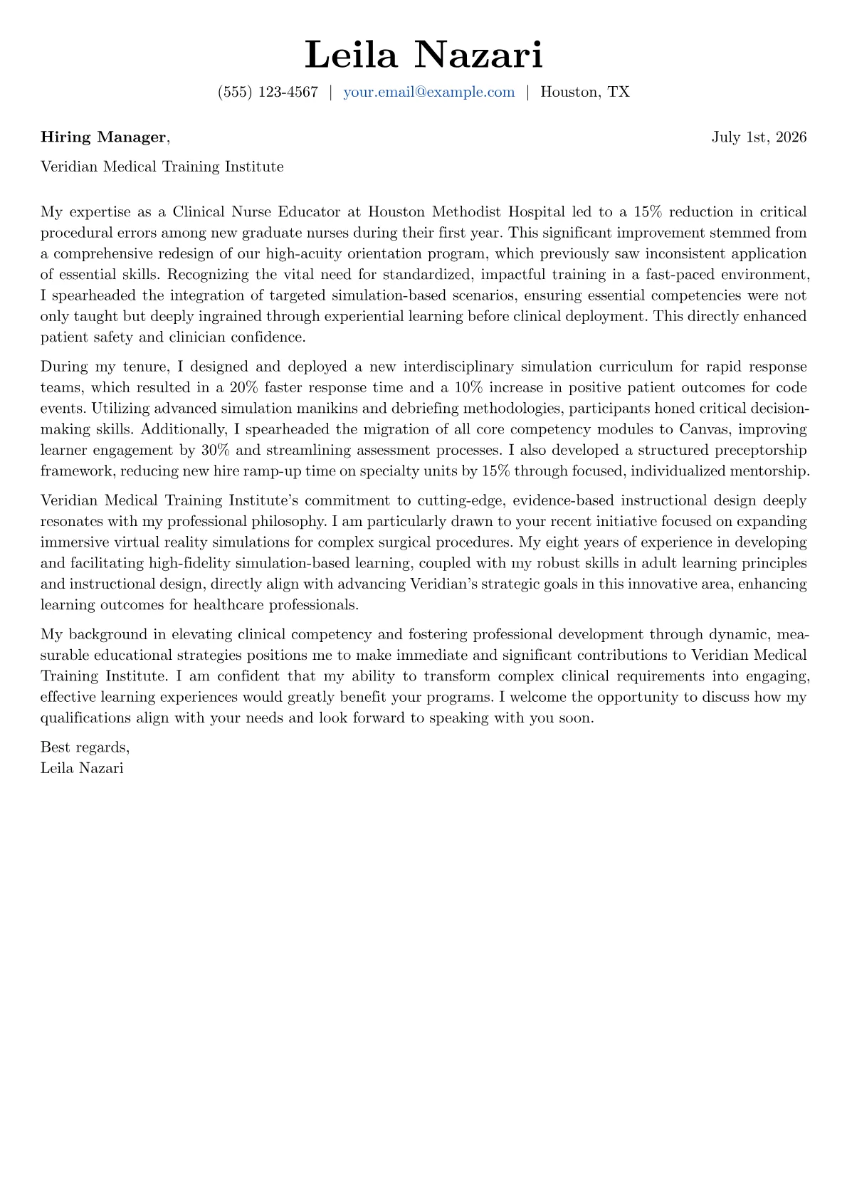 Nurse Educator cover letter formatted with a JobSprout template