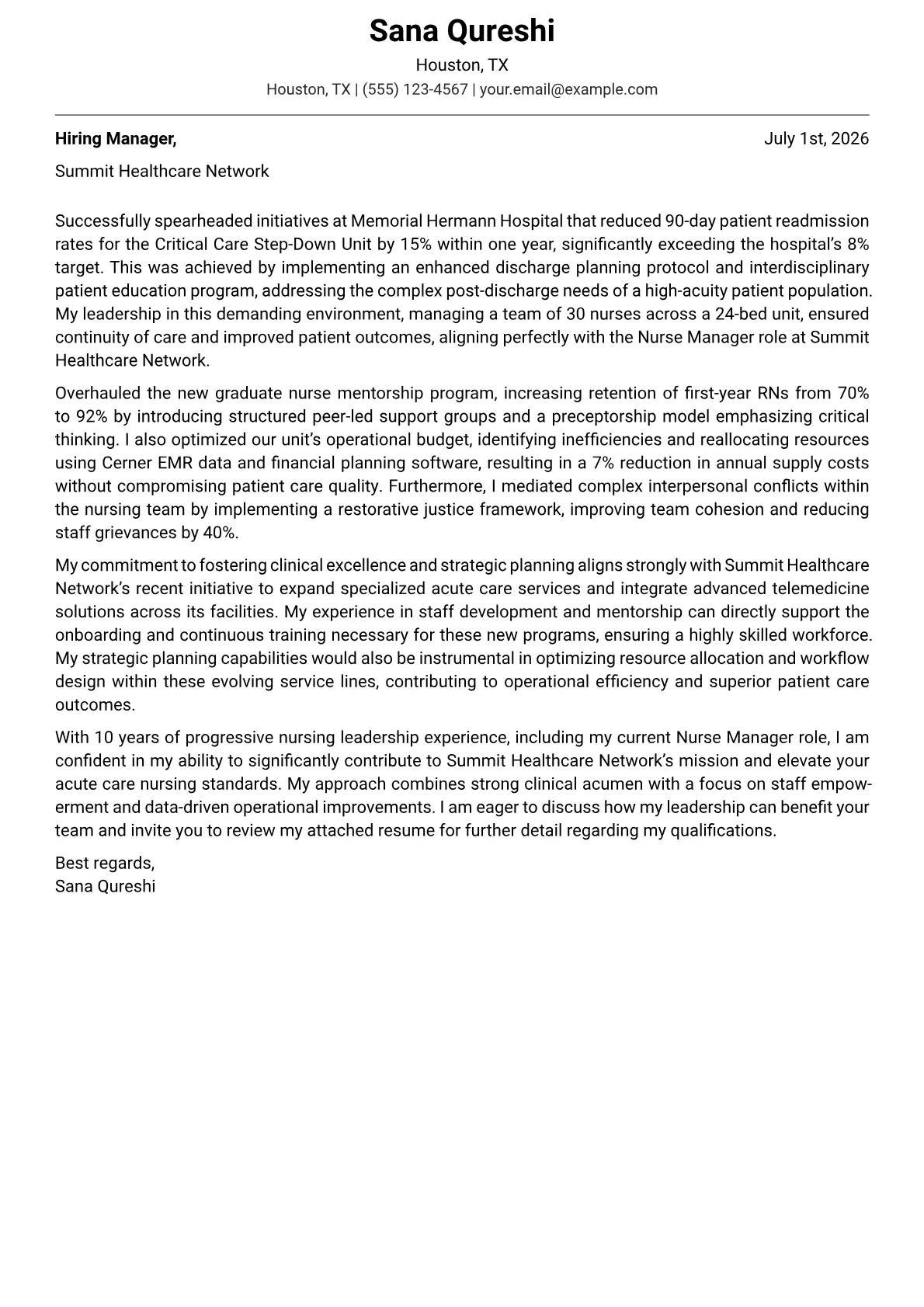 Nurse Manager cover letter formatted with a JobSprout template