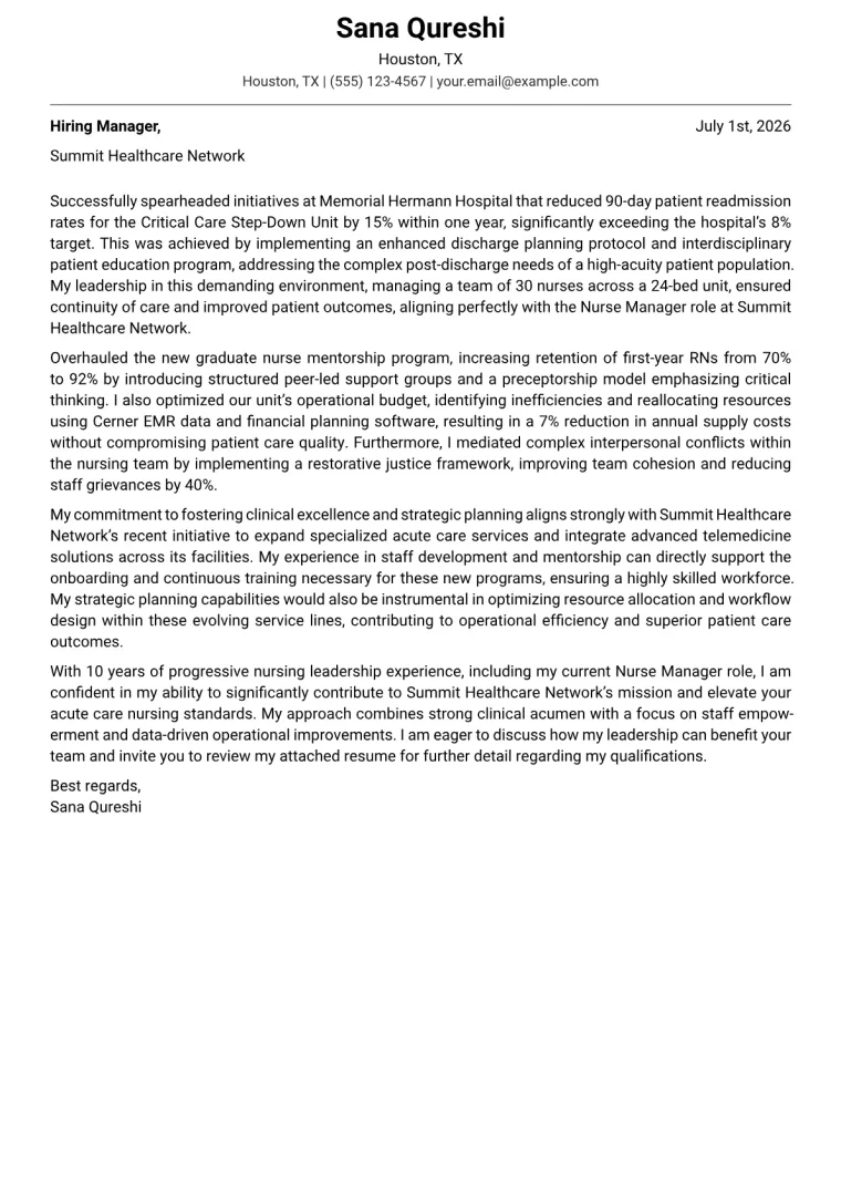 Nurse Manager Cover Letter Example