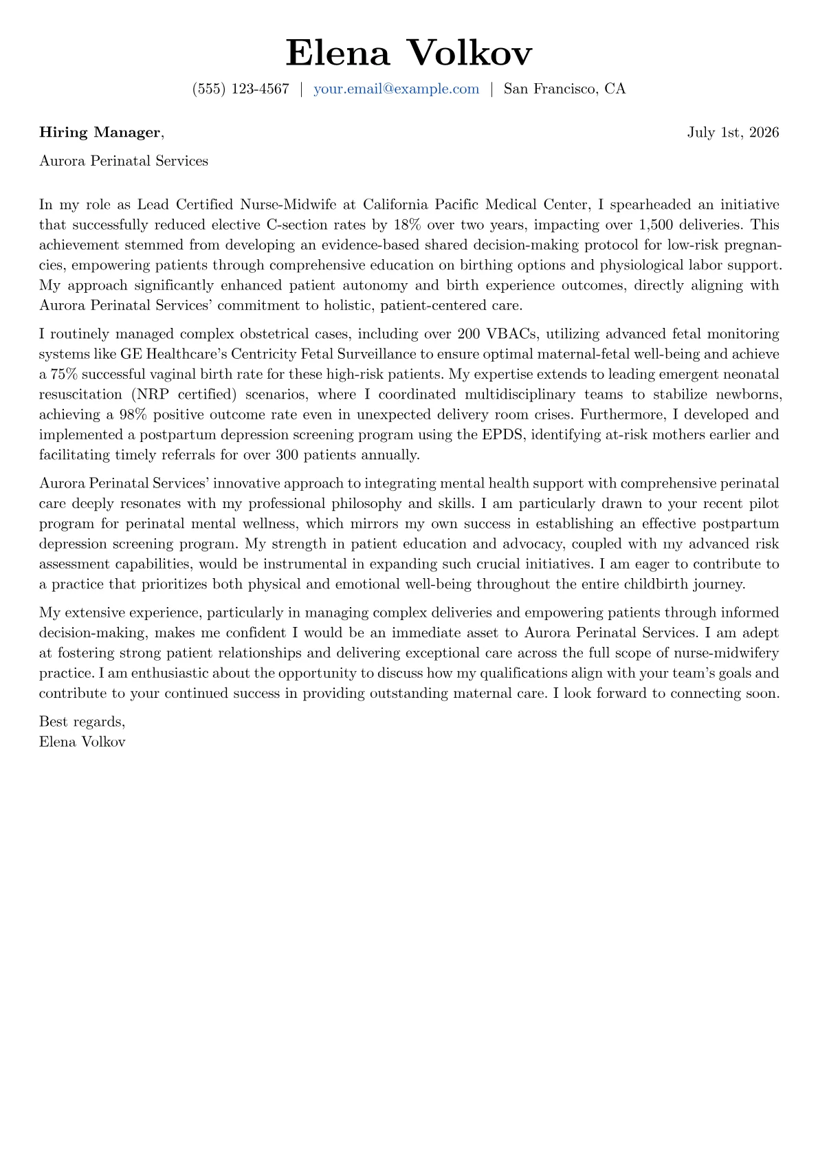 Nurse Midwife cover letter formatted with a JobSprout template
