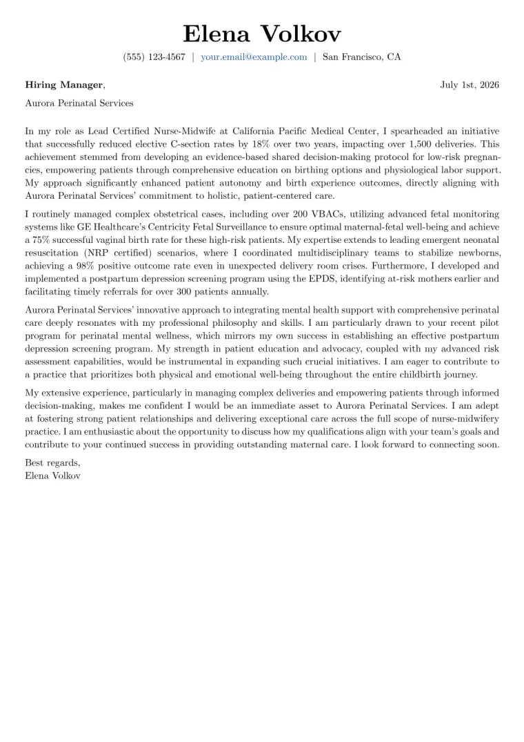 Nurse Midwife cover letter example preview
