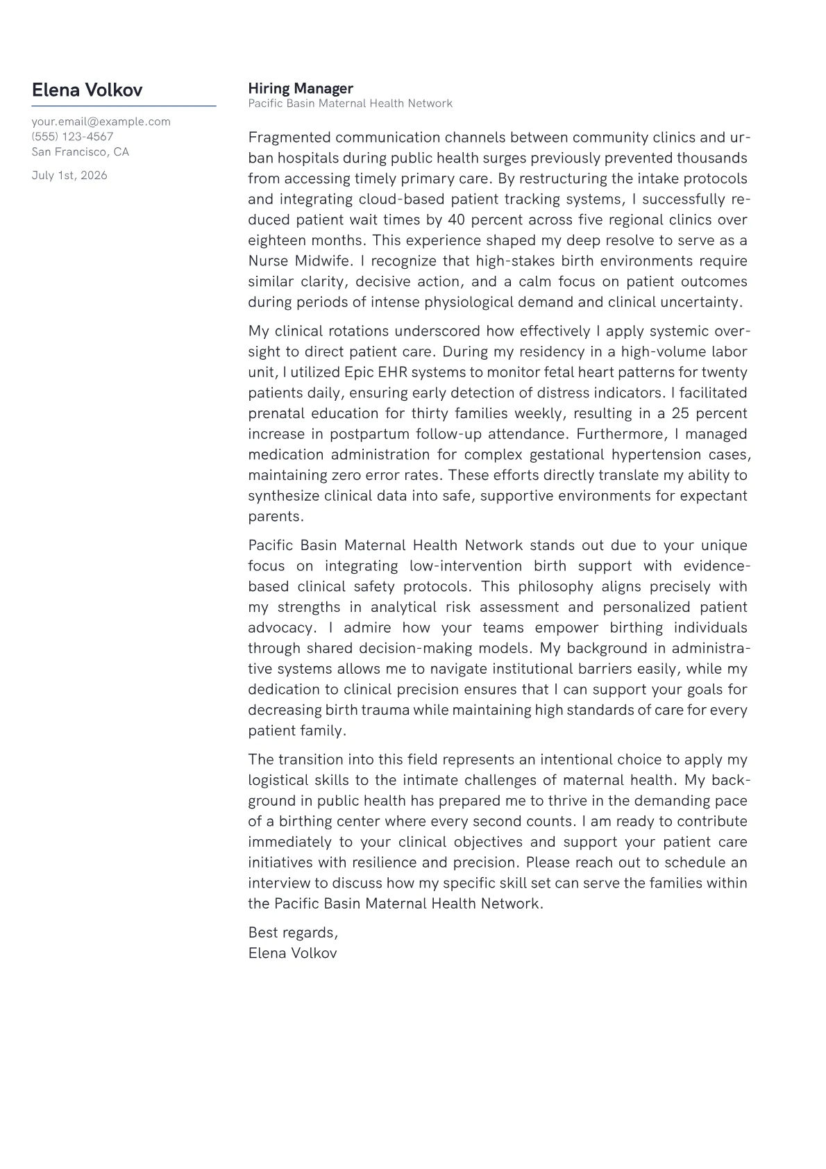 Nurse Midwife cover letter in the Margin design