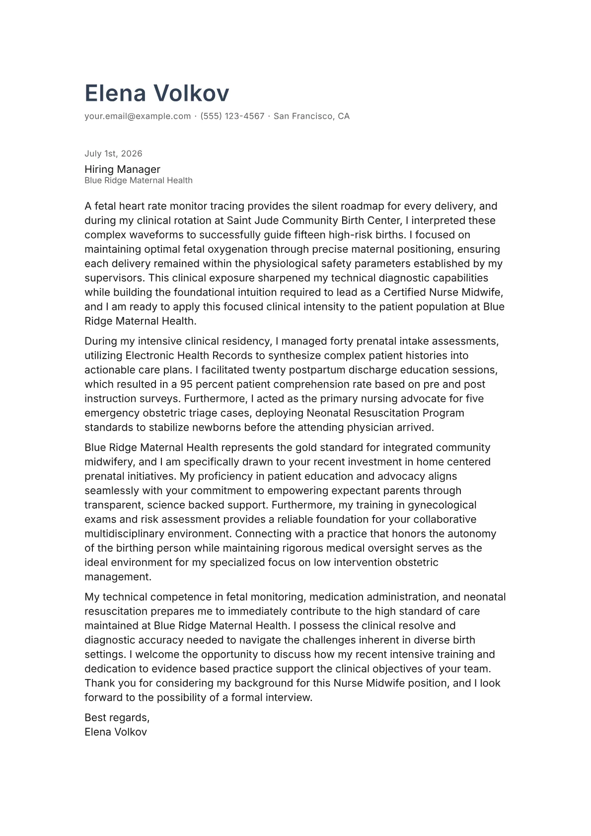 Nurse Midwife cover letter in the Minimal design