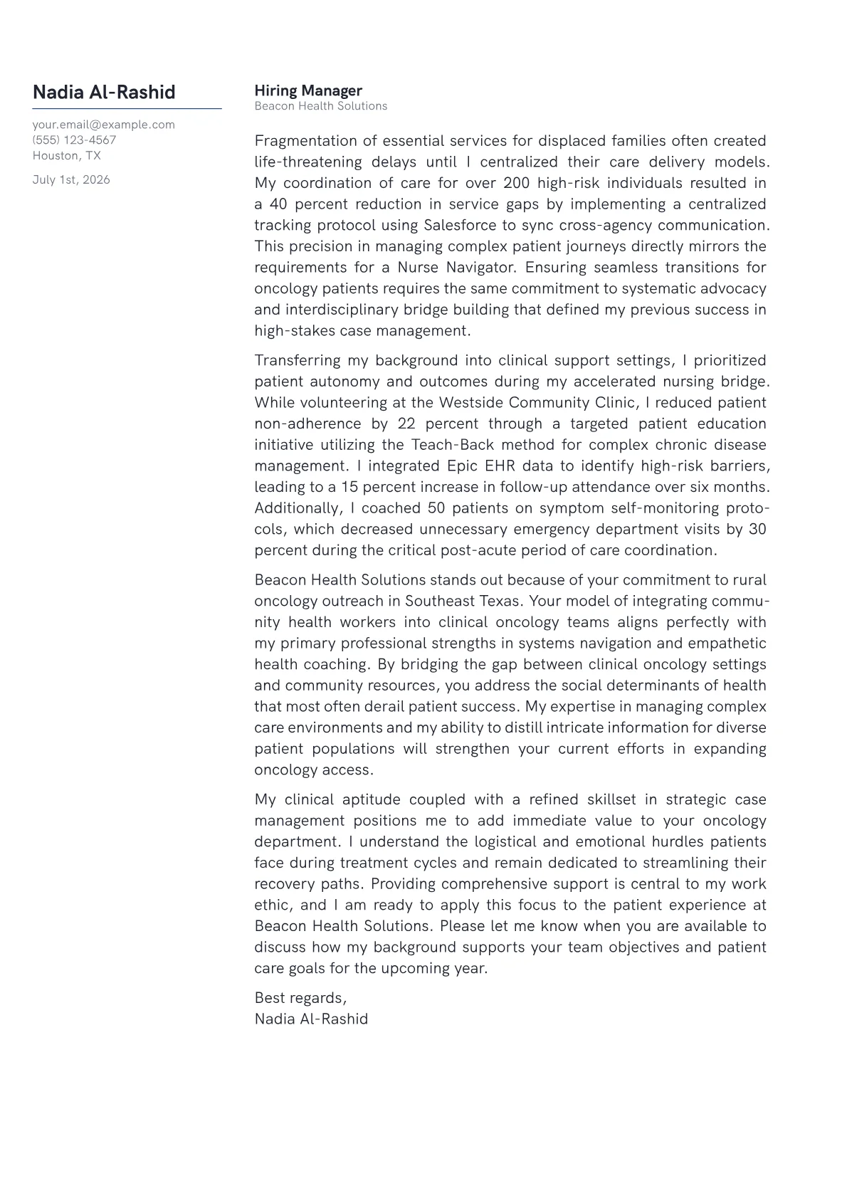 Nurse Navigator cover letter in the Margin design