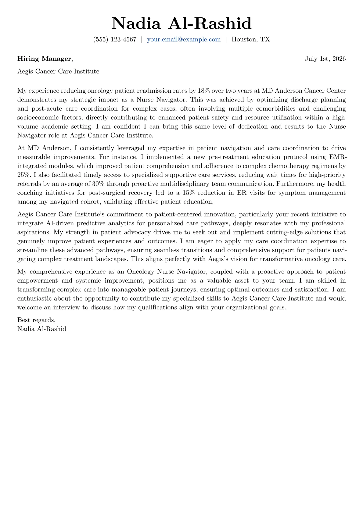 Nurse Navigator cover letter formatted with a JobSprout template
