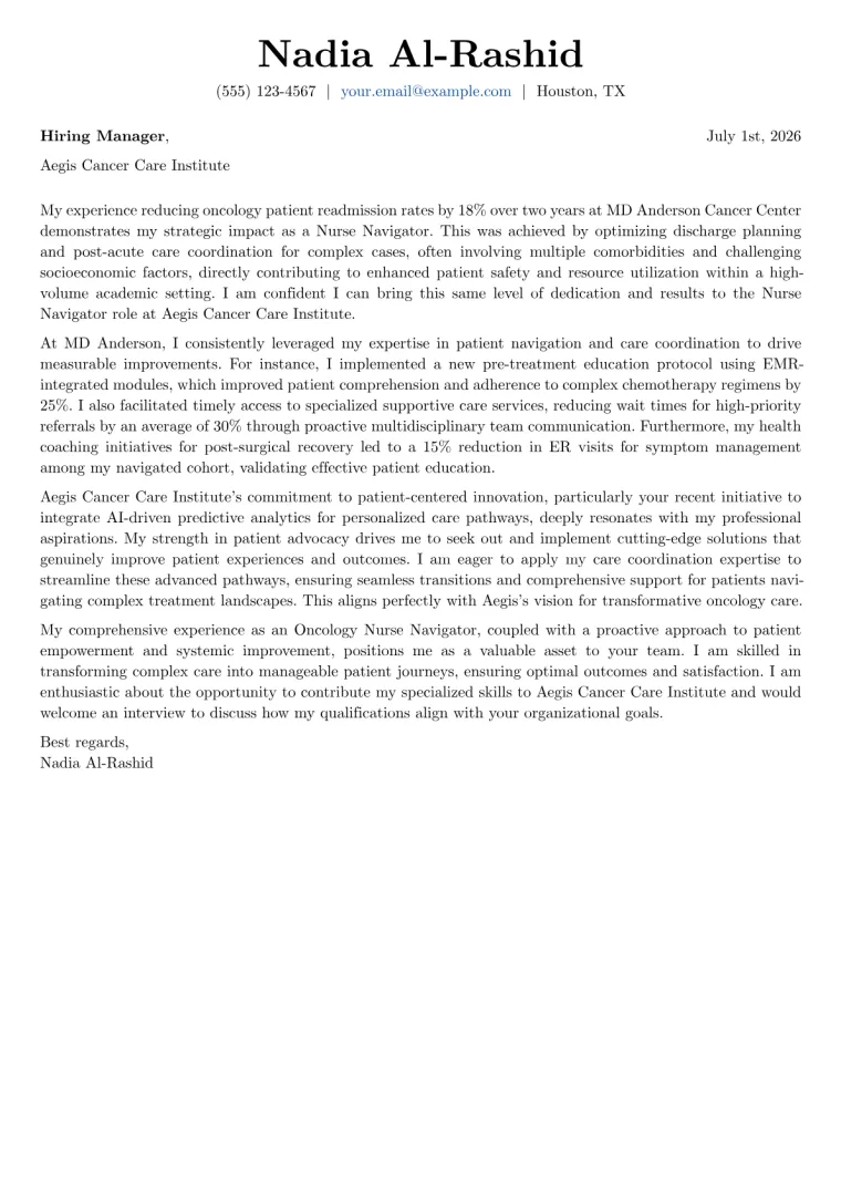 Nurse Navigator cover letter example preview