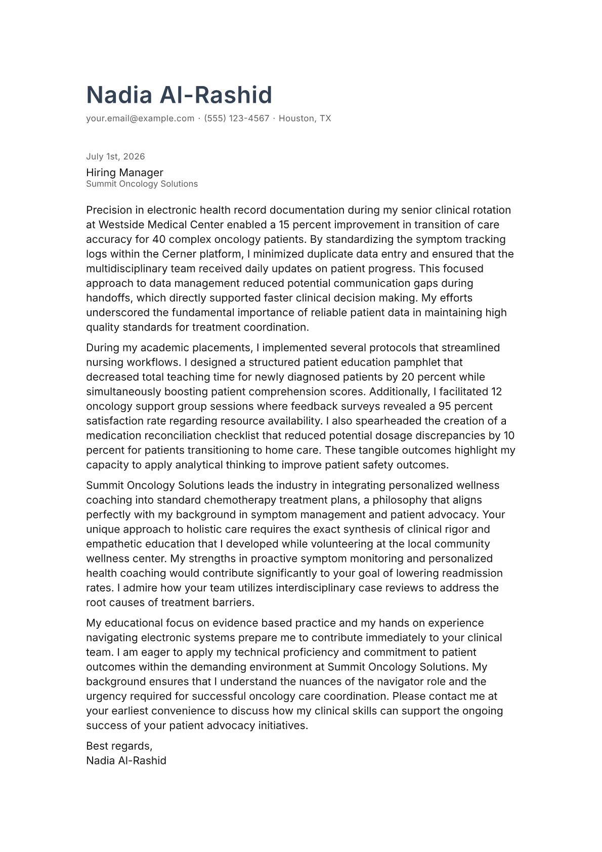 Nurse Navigator cover letter in the Minimal design