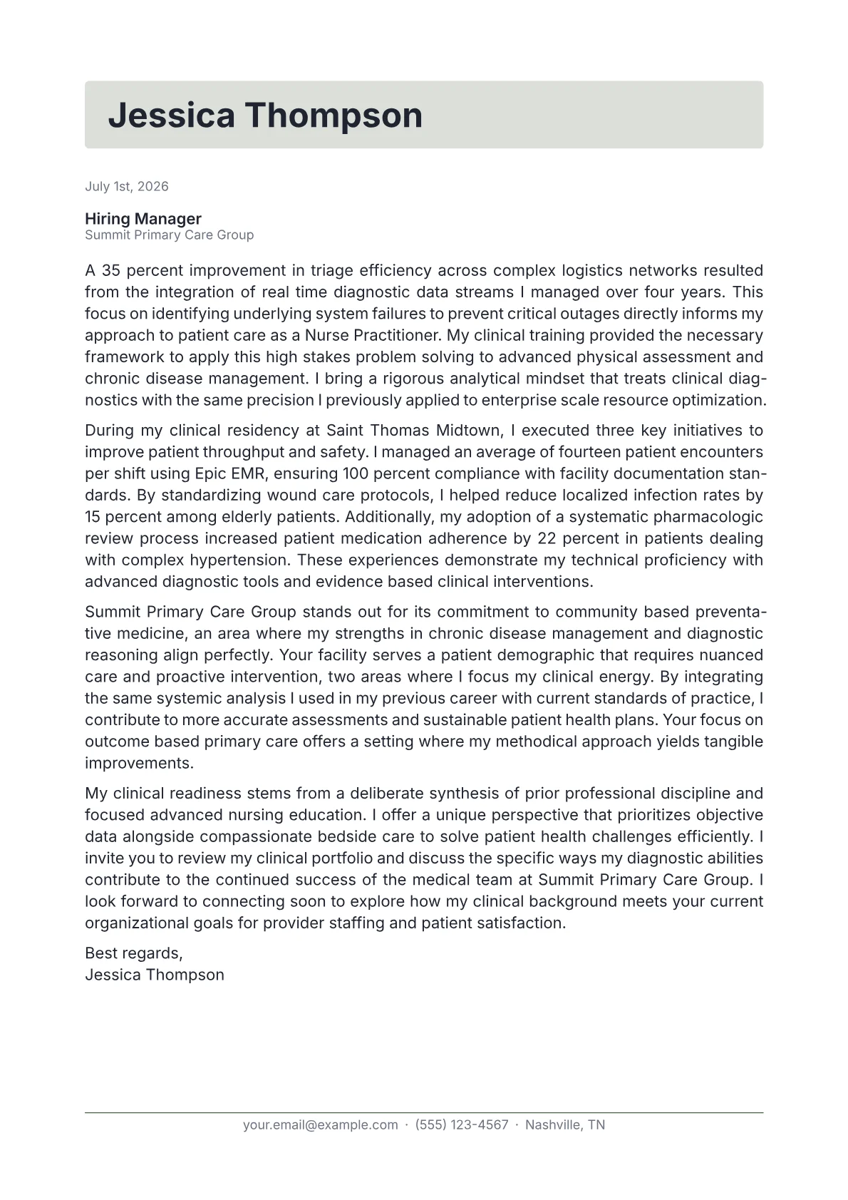 Nurse Practitioner cover letter in the Letterhead design