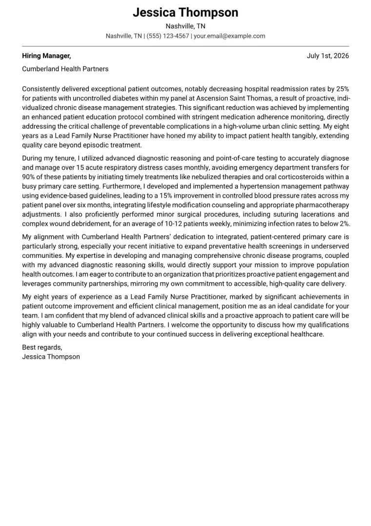 Nurse Practitioner Cover Letter Example