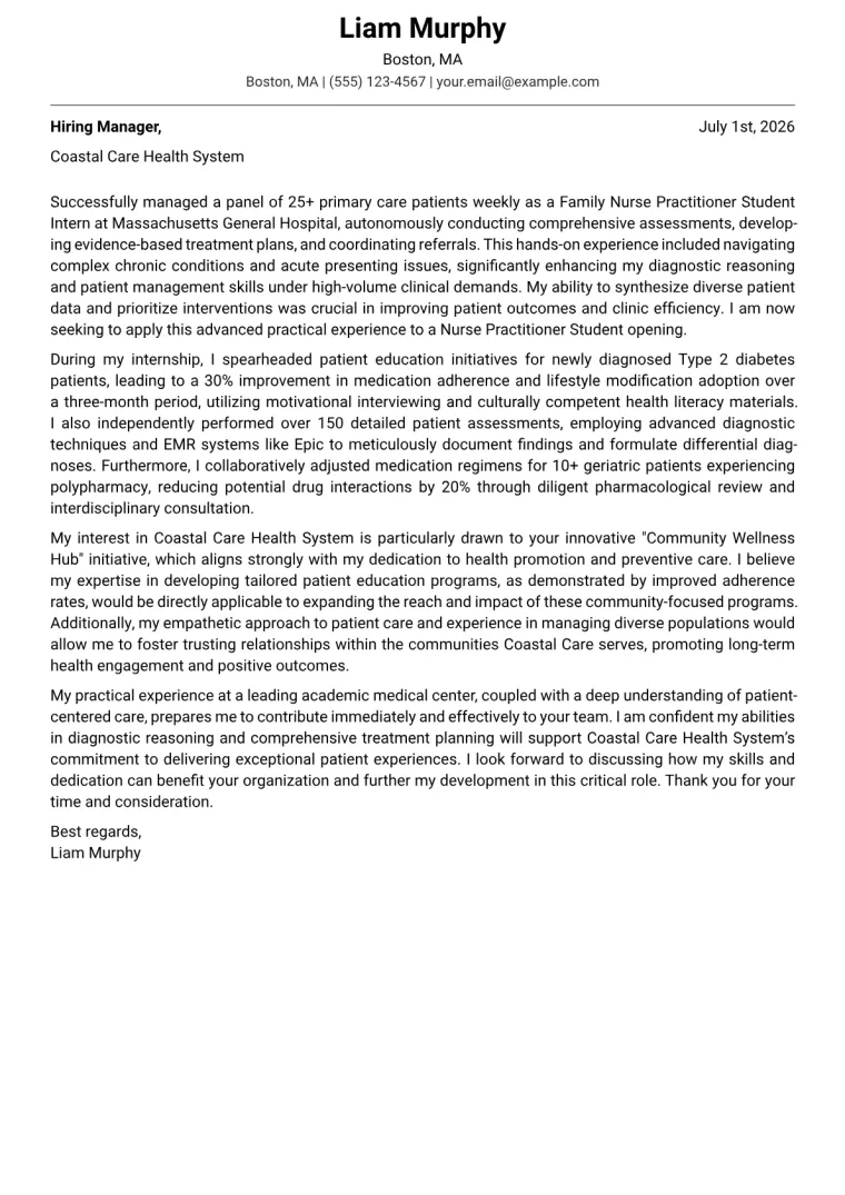 Nurse Practitioner Student cover letter example preview