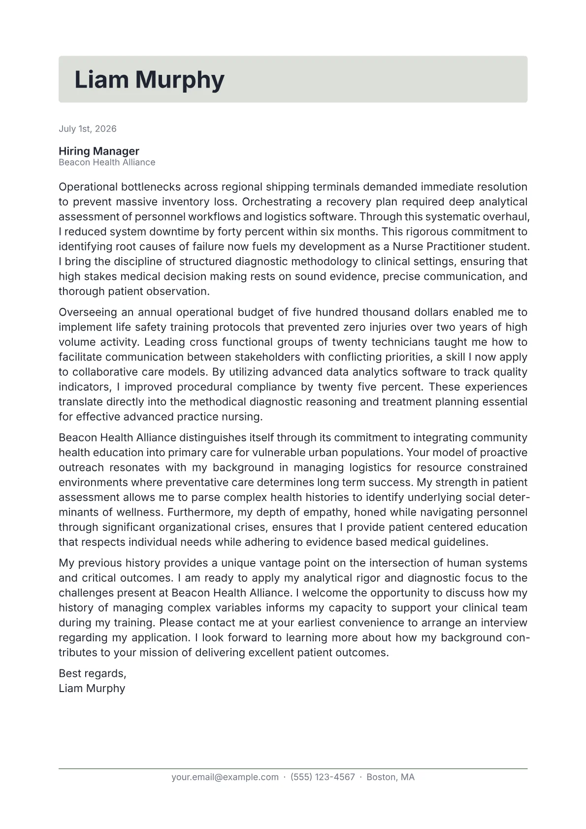 Nurse Practitioner Student cover letter in the Letterhead design